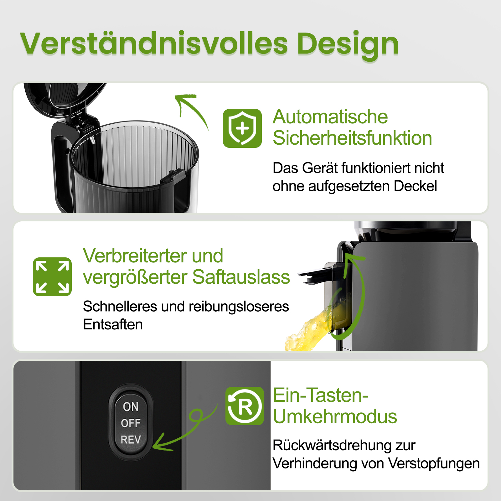 Un diagramma di progettazione di un estrattore di succo. Mostra un estrattore con caratteristiche di sicurezza, uscita succo più ampia e modalità inversa.