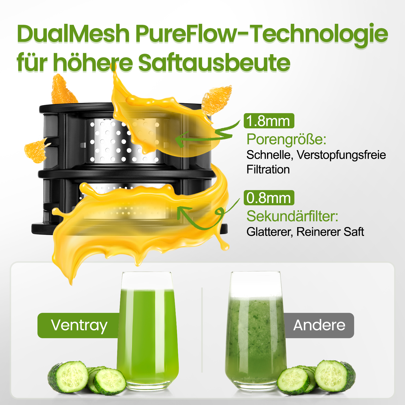 Un'immagine mostra un estrattore di succo con schizzi di succo d'arancia. Vengono visualizzati due bicchieri con succo verde accanto a fette di cetriolo.