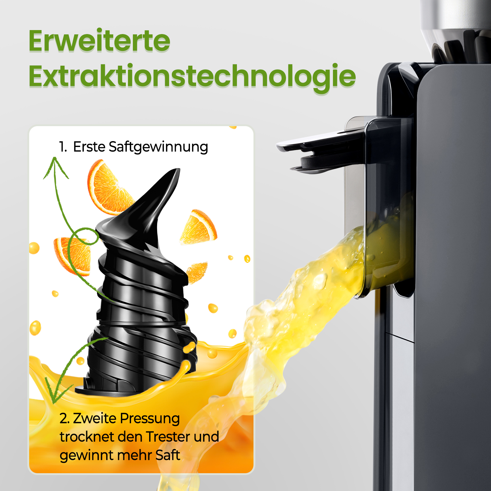 Illustrazione di una centrifuga. Coclea nera estrae succo da arance. Il succo d'arancia esce. Il testo descrive l'estrazione.
