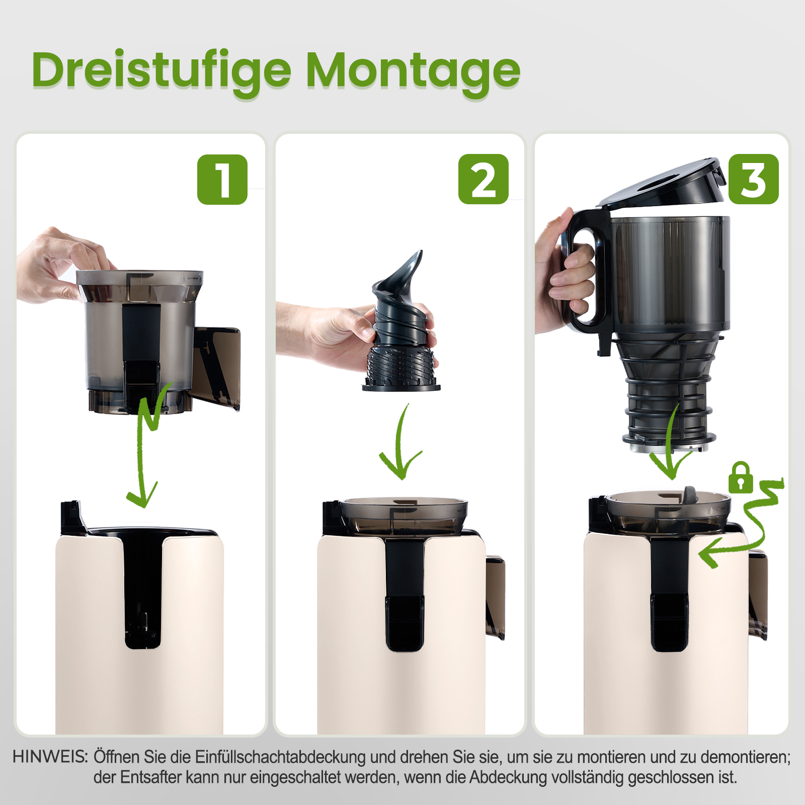 Fasi di montaggio dell'estrattore. Mani che assemblano i componenti. 1, 2 e 3 mostrano il processo con frecce. Sfondo bianco con testo.