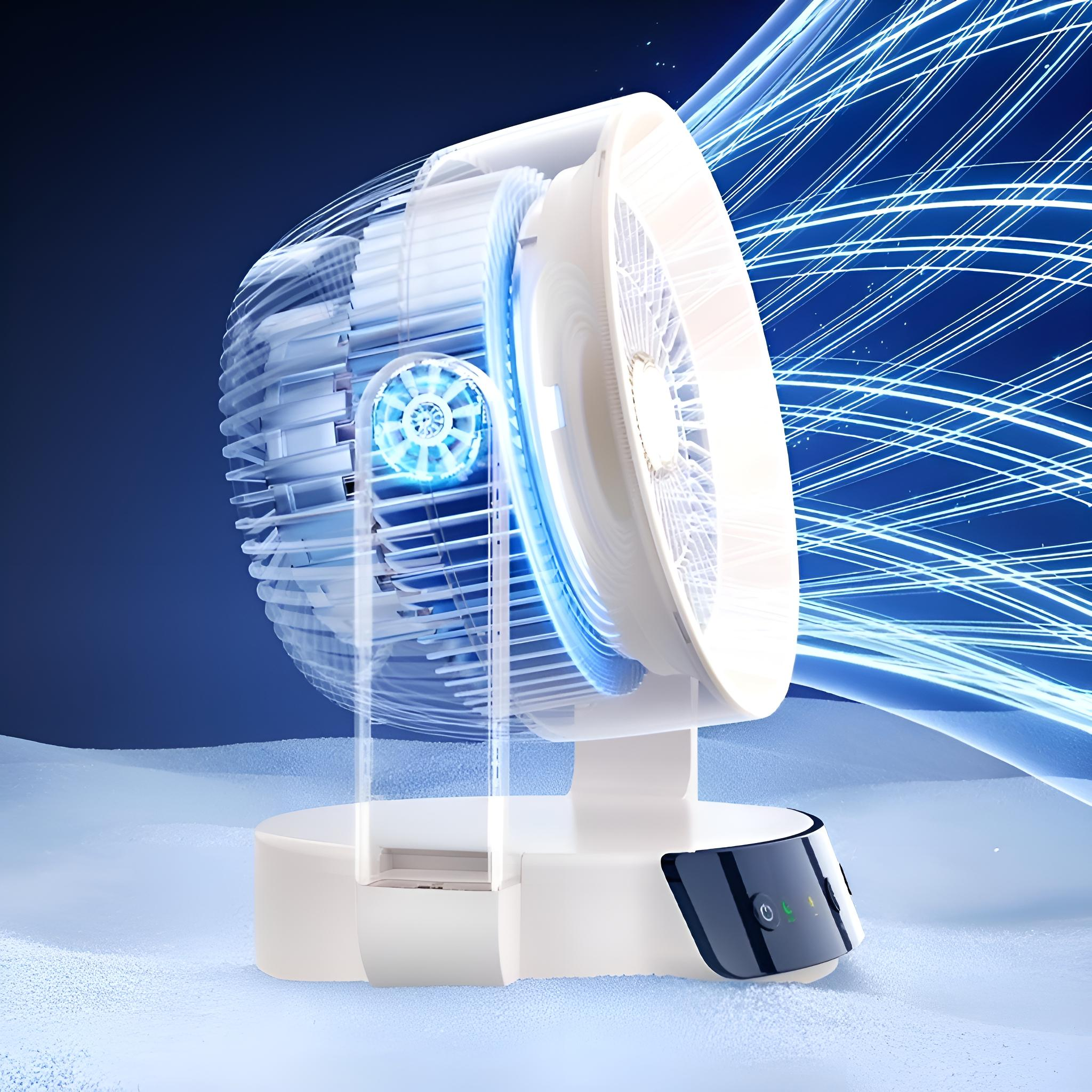 Ein weiß-blauer Ventilator auf weißem Sockel. Blaues Licht strömt aus dem Ventilator. Der Hintergrund ist ein Blauton.