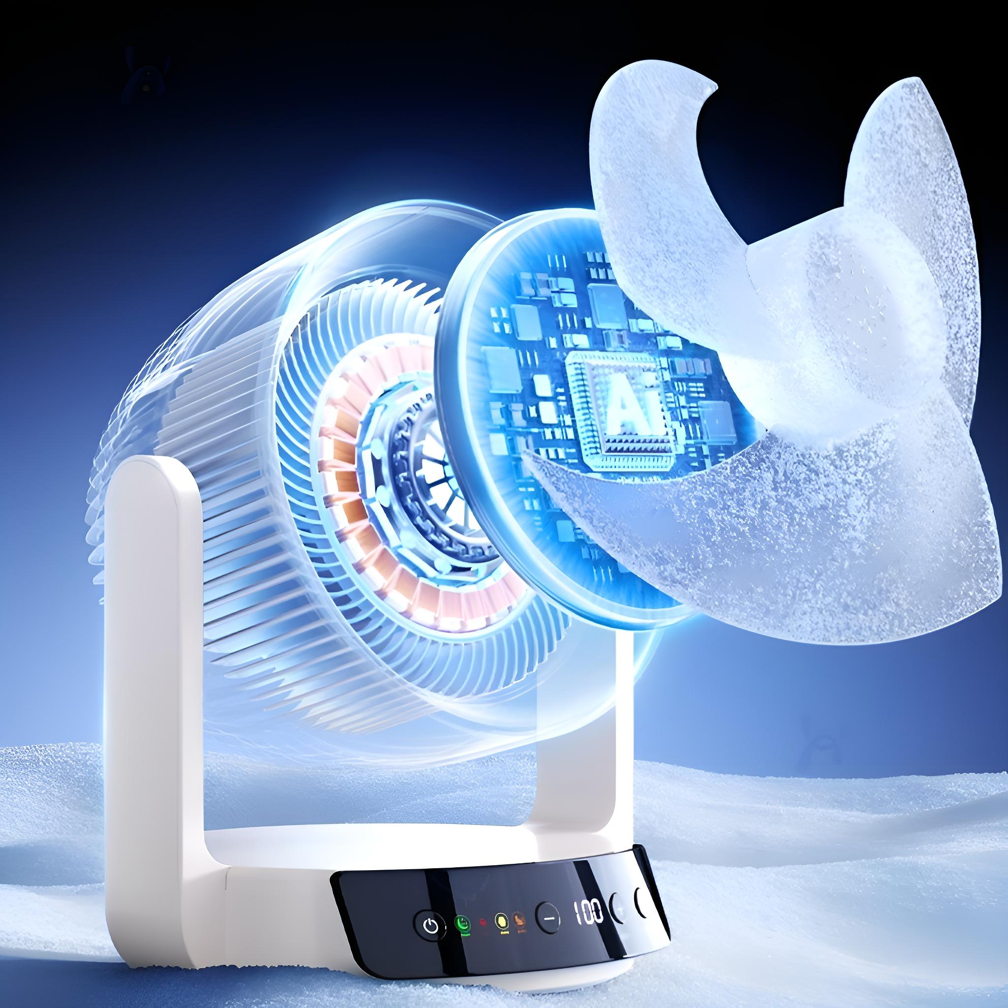 Ein weißer Ventilator mit transparentem Flügel und blau beleuchtetem Innenmechanismus auf schneebedecktem Hintergrund.