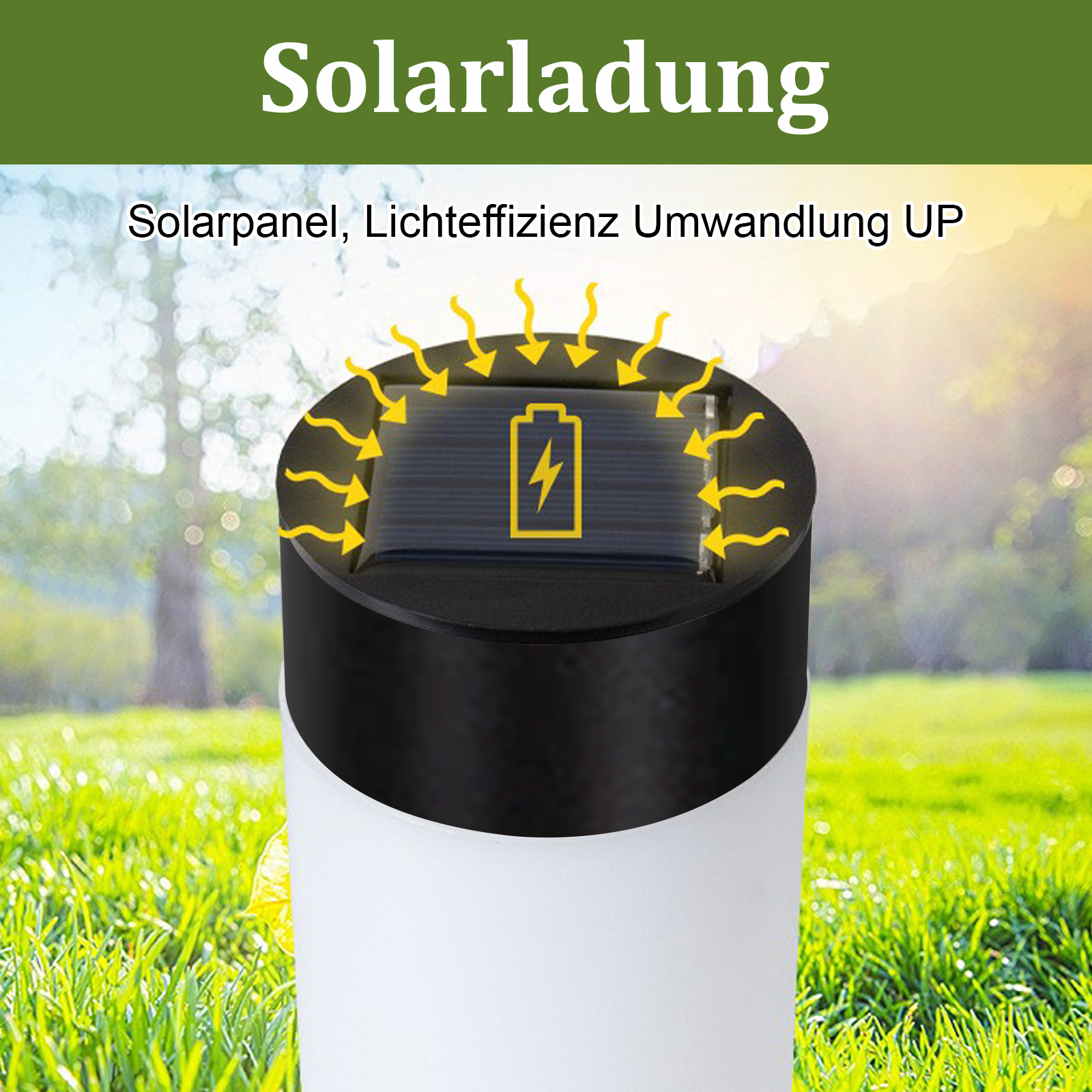 Eine solarbetriebene Lampe mit schwarzem Deckel und weißer Basis, in einem grasbewachsenen Feld.