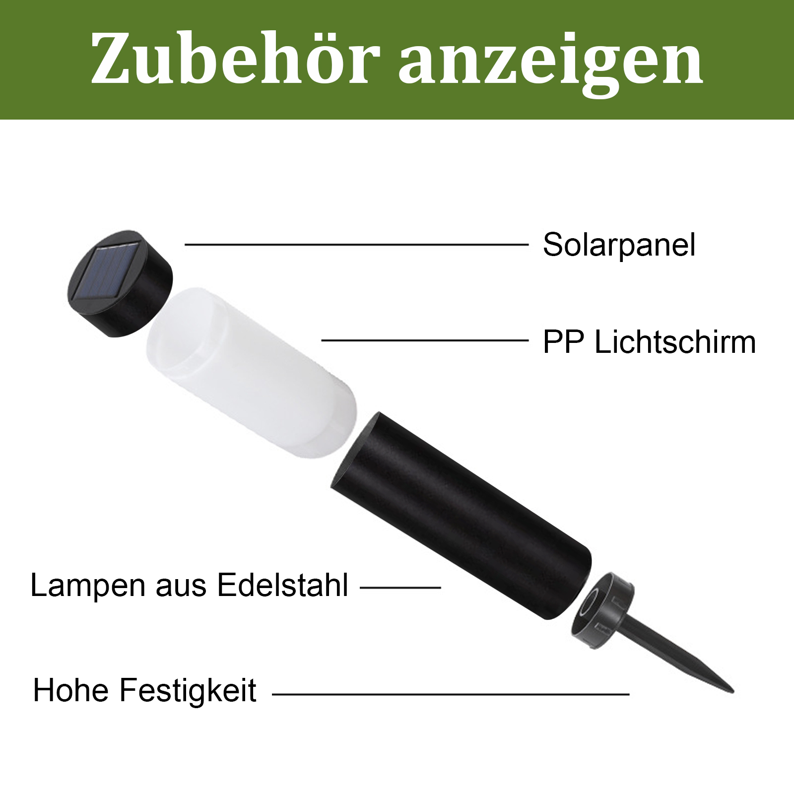 Explosionsansicht einer Solar-Gartenleuchte. Komponenten umfassen Solarpanel, Lichtabdeckung, Edelstahl-Lampe und Pfahl.