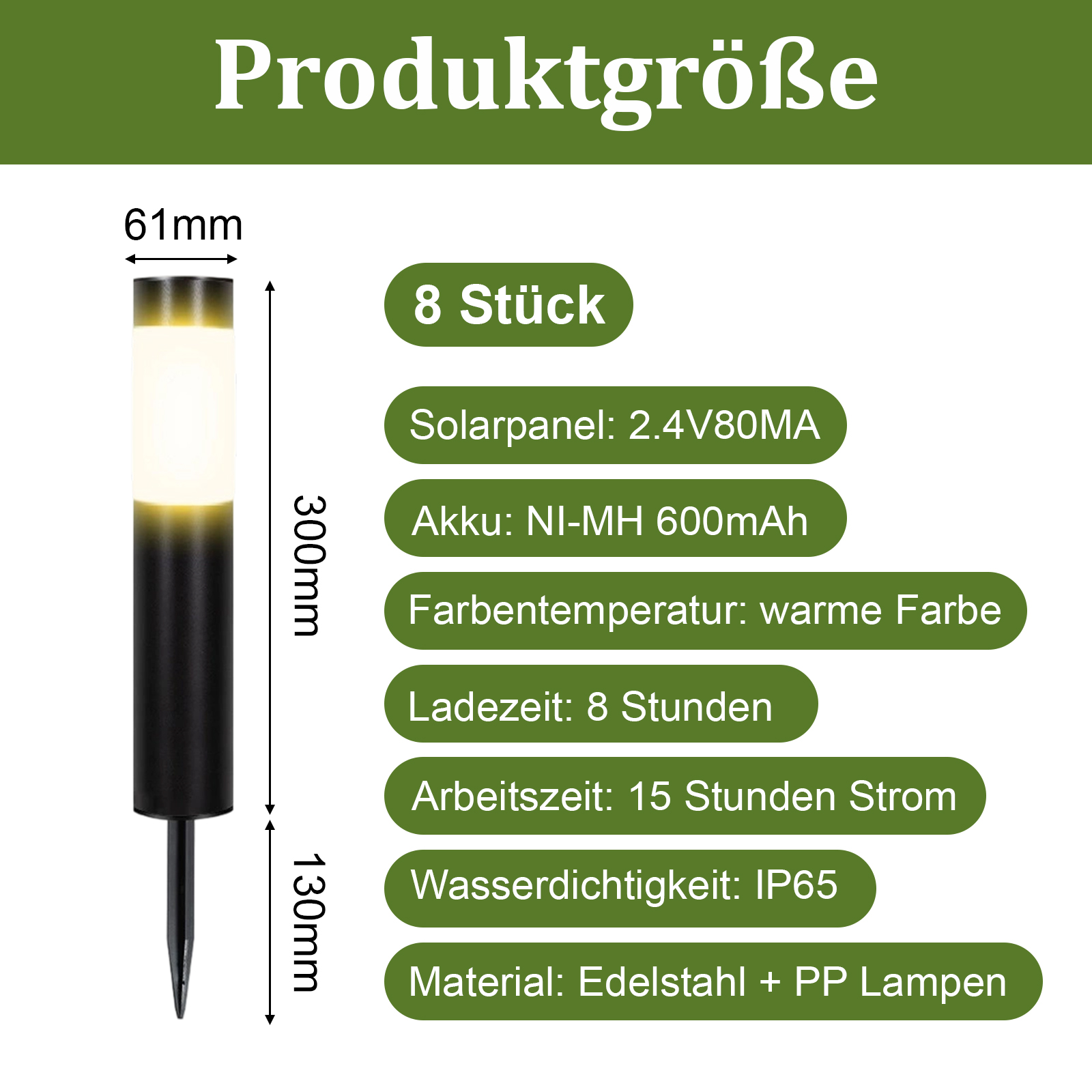 Solar-Gartenleuchte, Abmessungen und technische Details auf Deutsch. Etiketten enthalten Abmessungen, Batterieangaben und Materialien.