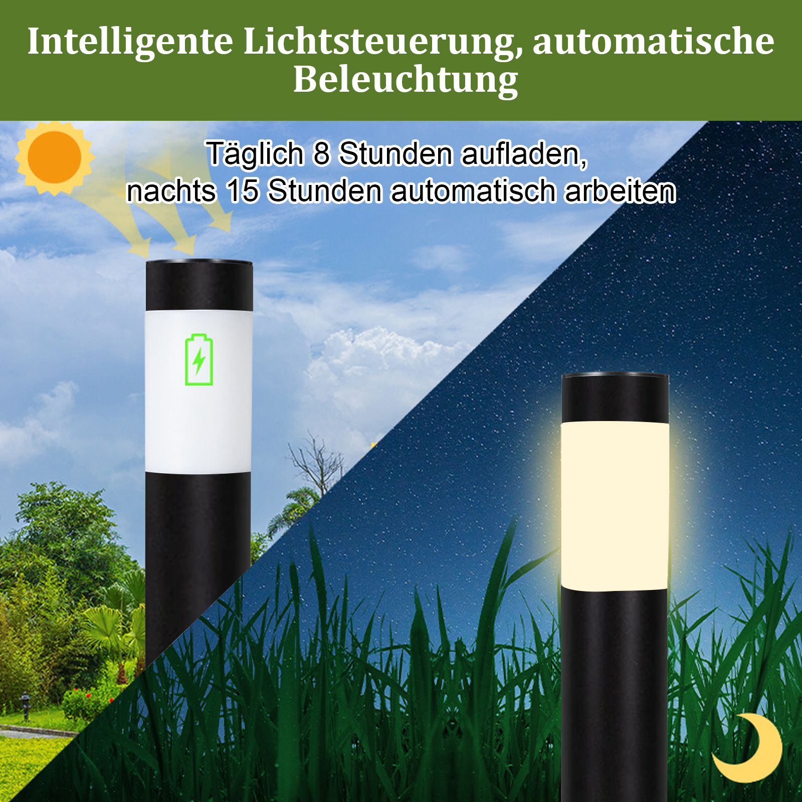 Das Bild zeigt eine Solarlampe mit Tag- und Nachtmodus. Die Tagesseite zeigt einen Akku, der mit einer Sonne geladen wird.