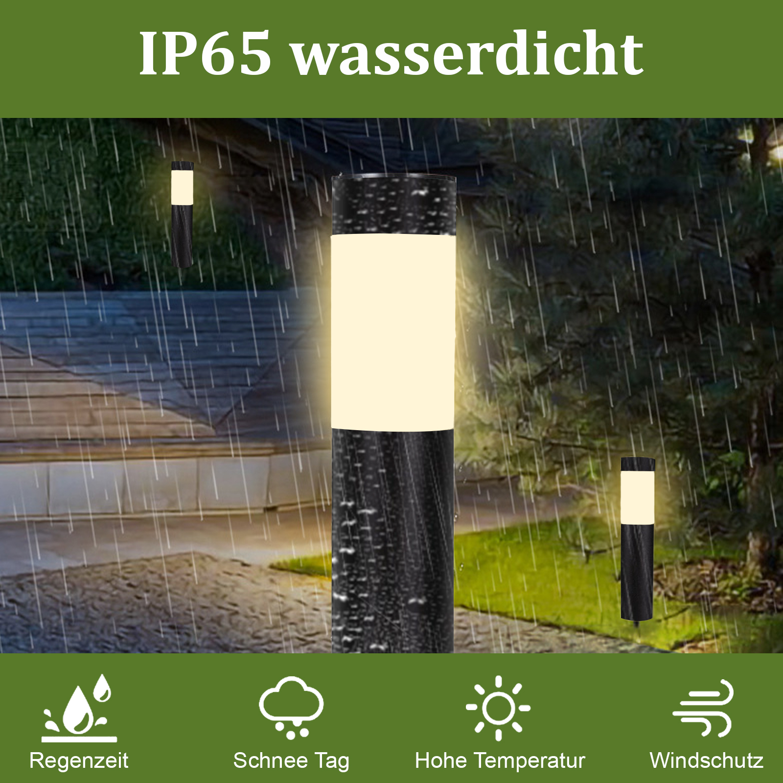 Außenleuchten im Regen. Die Leuchten sind schwarz und haben einen hellfarbigen Abschnitt. Der Hintergrund hat Bäume und ein Haus.