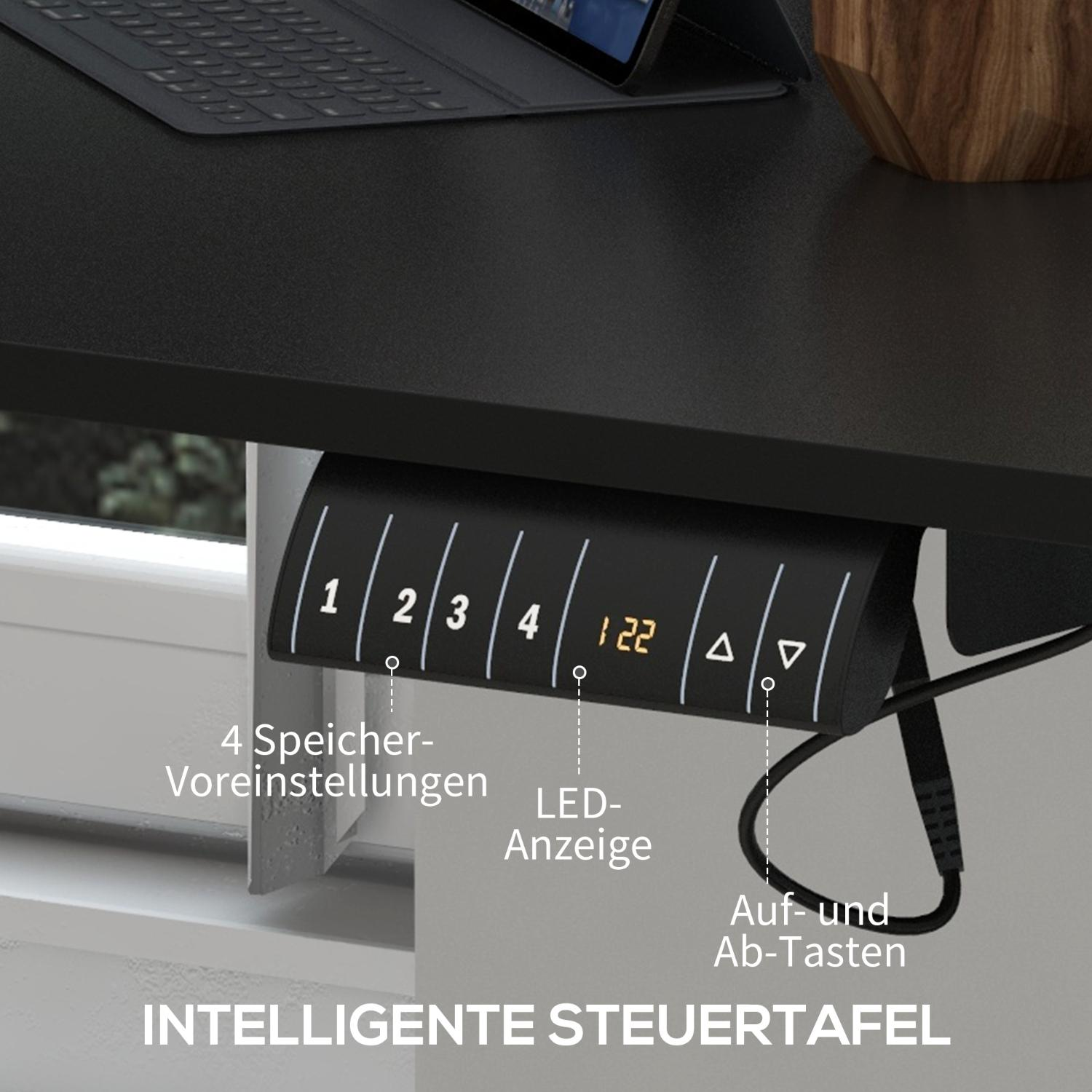 Ein schwarzer Schreibtisch mit einem Bedienfeld, das Zahlen und Tasten anzeigt. Text zeigt '4 Speicher-Voreinstellungen' und 'LED-Anzeige'.