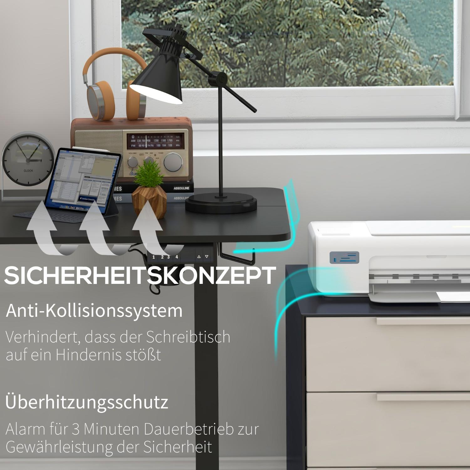 Ein Schreibtisch mit Lampe, Radio, Uhr und Tablet. Text beschreibt Sicherheitsmerkmale: Anti-Kollision und Überhitzungsschutz.