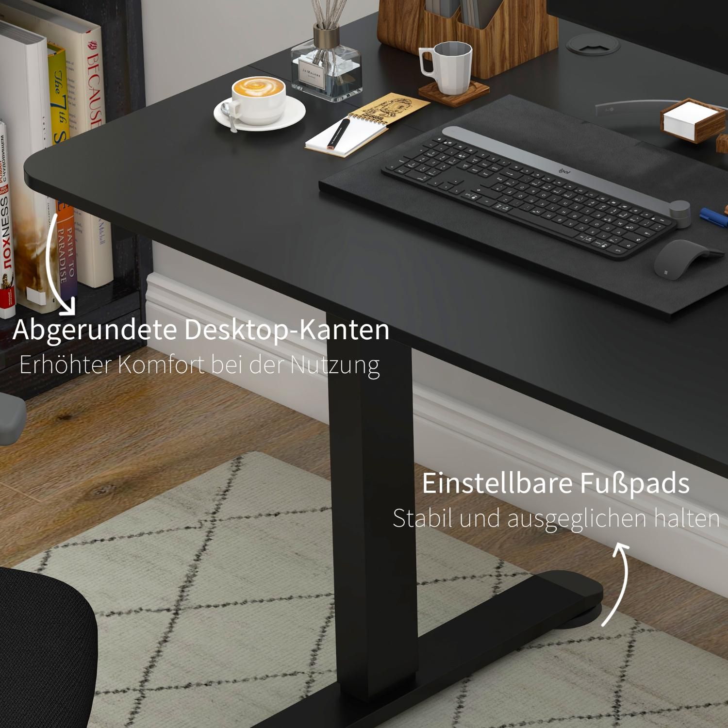 Ein schwarzer Schreibtisch mit Tastatur, Kaffeetasse und Büchern. Der Schreibtisch hat abgerundete Kanten und verstellbare Füße.