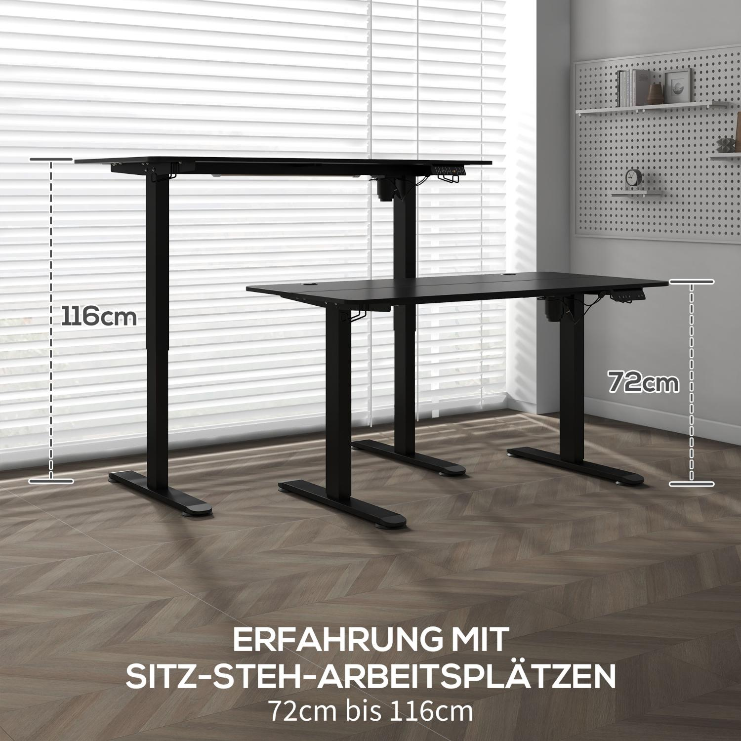 Zwei schwarze, höhenverstellbare Schreibtische, einer bei 116 cm und einer bei 72 cm. Text: 'Erfahrung mit Sitz-Steh-Arbeitsplätzen'.