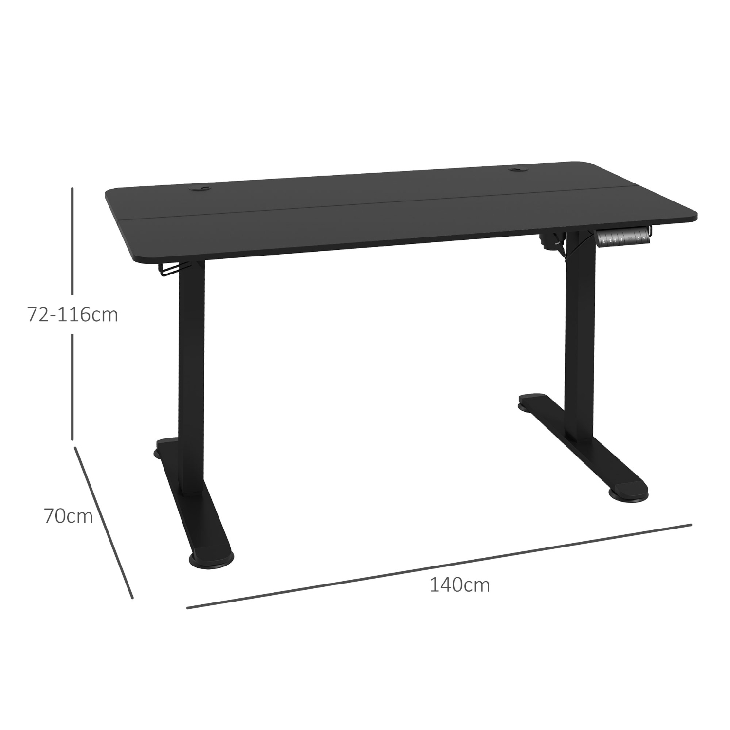 Ein schwarzer, höhenverstellbarer Schreibtisch wird gezeigt. Maße sind markiert: 72-116cm Höhe, 70cm Beinlänge und 140cm Breite.
