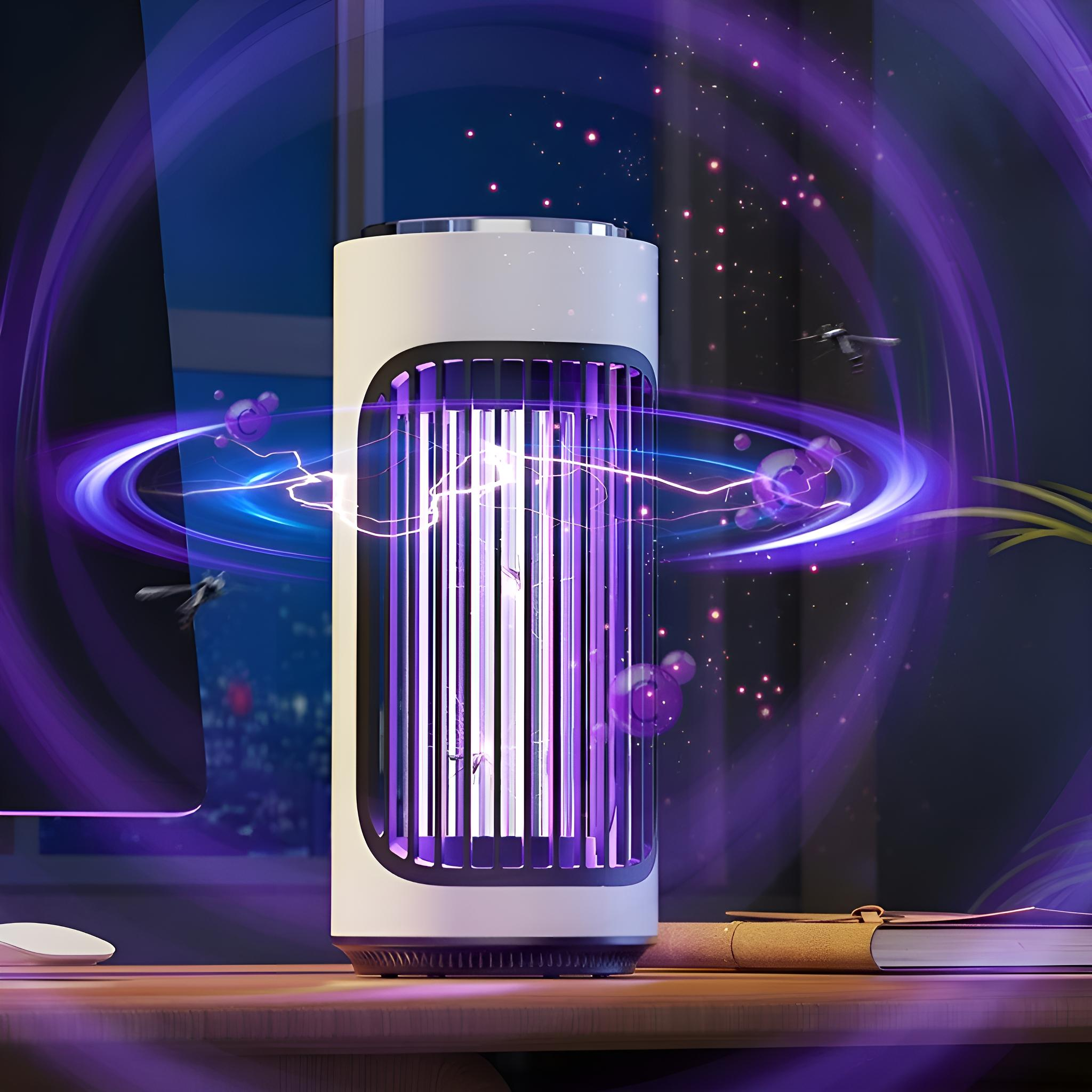 Ein elektrischer Moskitokiller steht auf einem Schreibtisch. Lila Licht geht von ihm aus. Zwei Insekten sind sichtbar. Der Hintergrund ist dunkel.