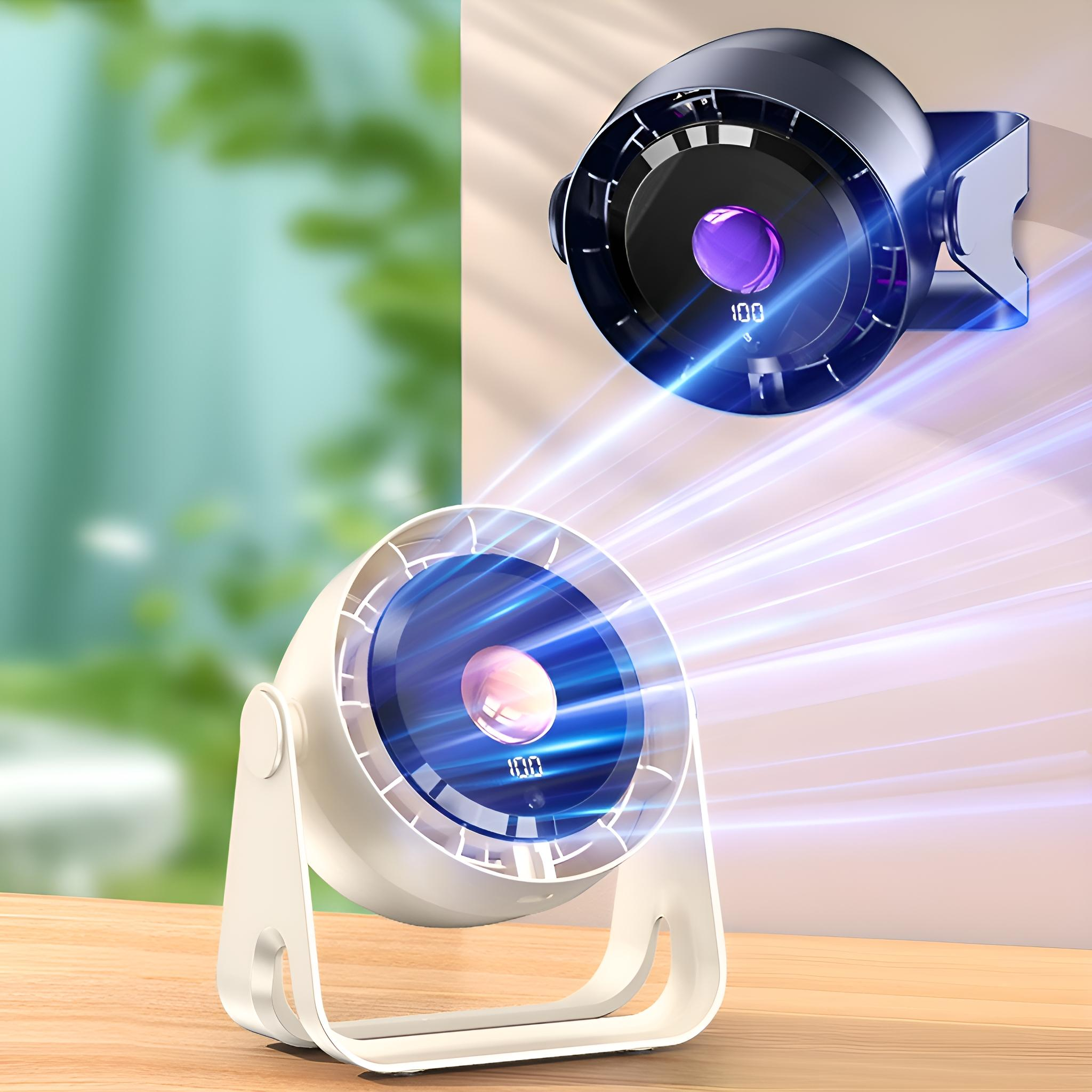 Zwei Ventilatoren, einer weiß und einer schwarz, werden mit blauen Lichtstrahlen dargestellt. Beide zeigen eine digitale Anzeige von 100.
