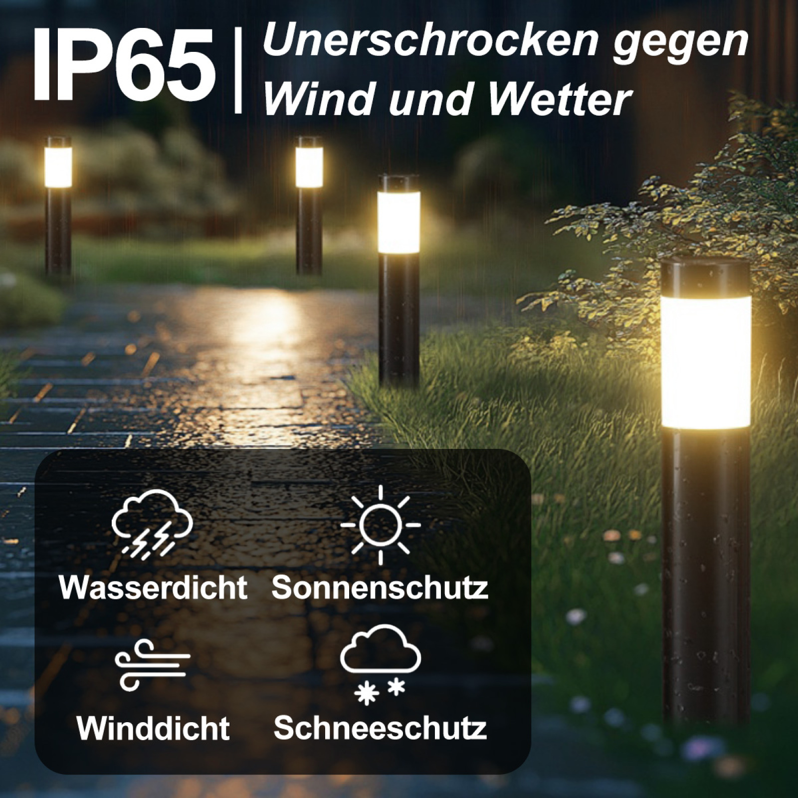 Außenlichter im Regen. Sie sind zylindrisch, schwarz und geben einen warmen Schein ab. Szene enthält Text über Wetterfestigkeit.