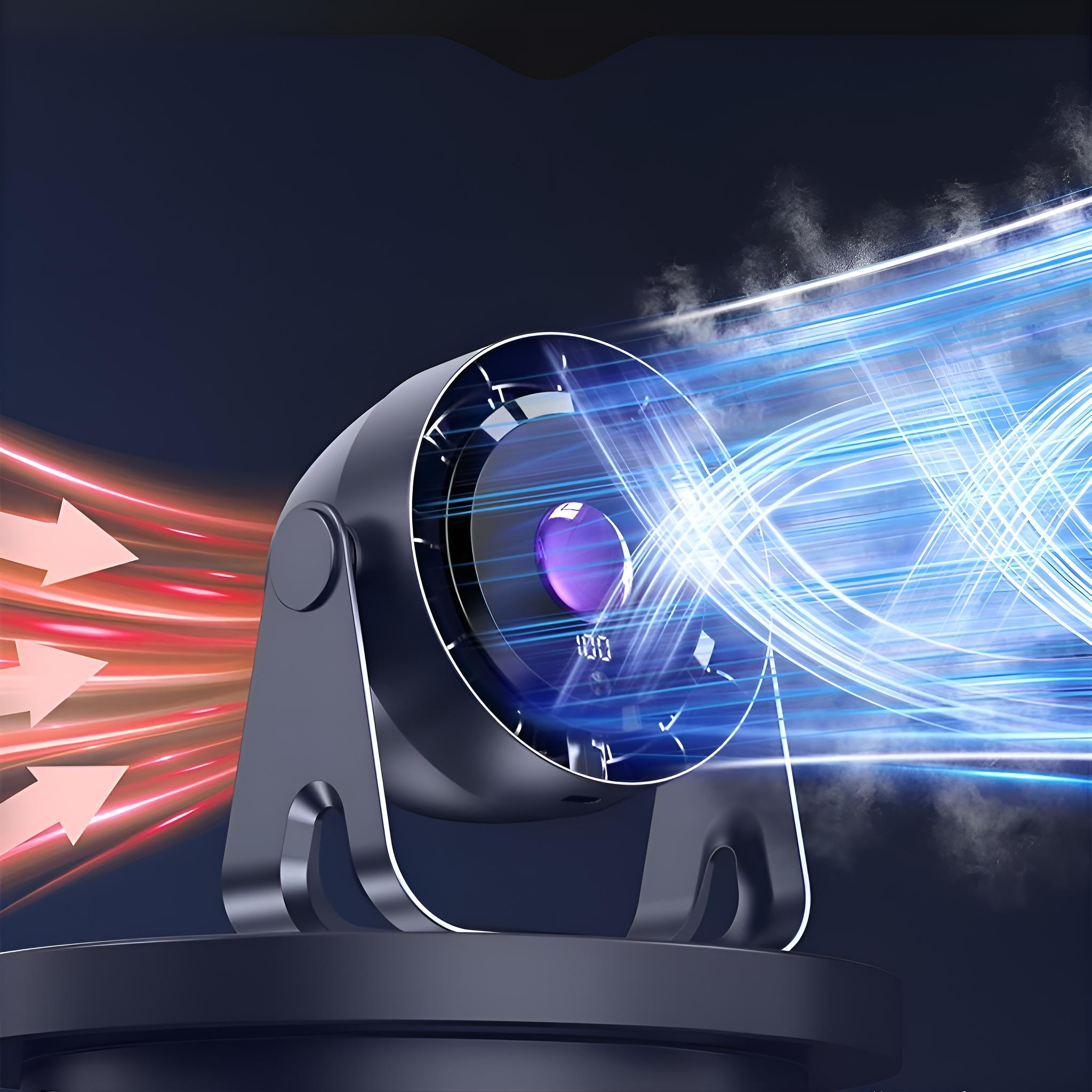 Ein schwarzer Ventilator mit Digitalanzeige. Rote und blaue Lichtstrahlen fließen durch das Gerät.