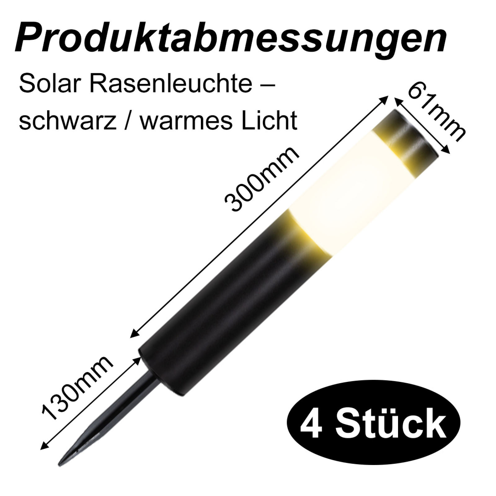 Produktbild einer Solar-Rasenleuchte mit Abmessungen. Sie ist schwarz, hat warmes Licht, und das Etikett lautet '4 Stück'.