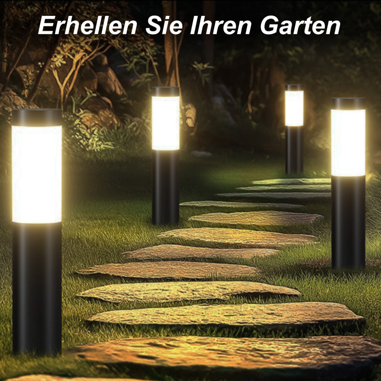 Gartenszene. Beleuchteter Weg mit Steinstufen, umgeben von Gras und beleuchteten Lampen. Dunkler Hintergrund mit Bäumen.