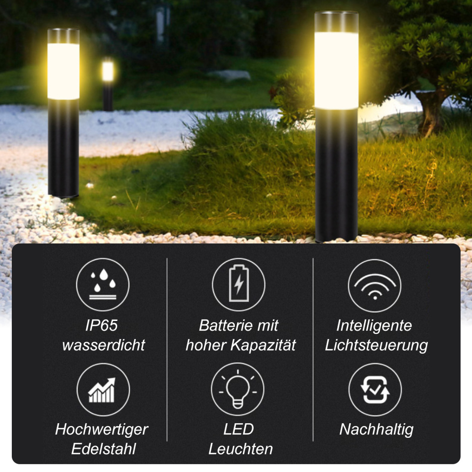 Außenleuchten, schwarze Basis mit leuchtend weißem Oberteil. Im Hintergrund Gras, Büsche und weiße Kieselsteine.
