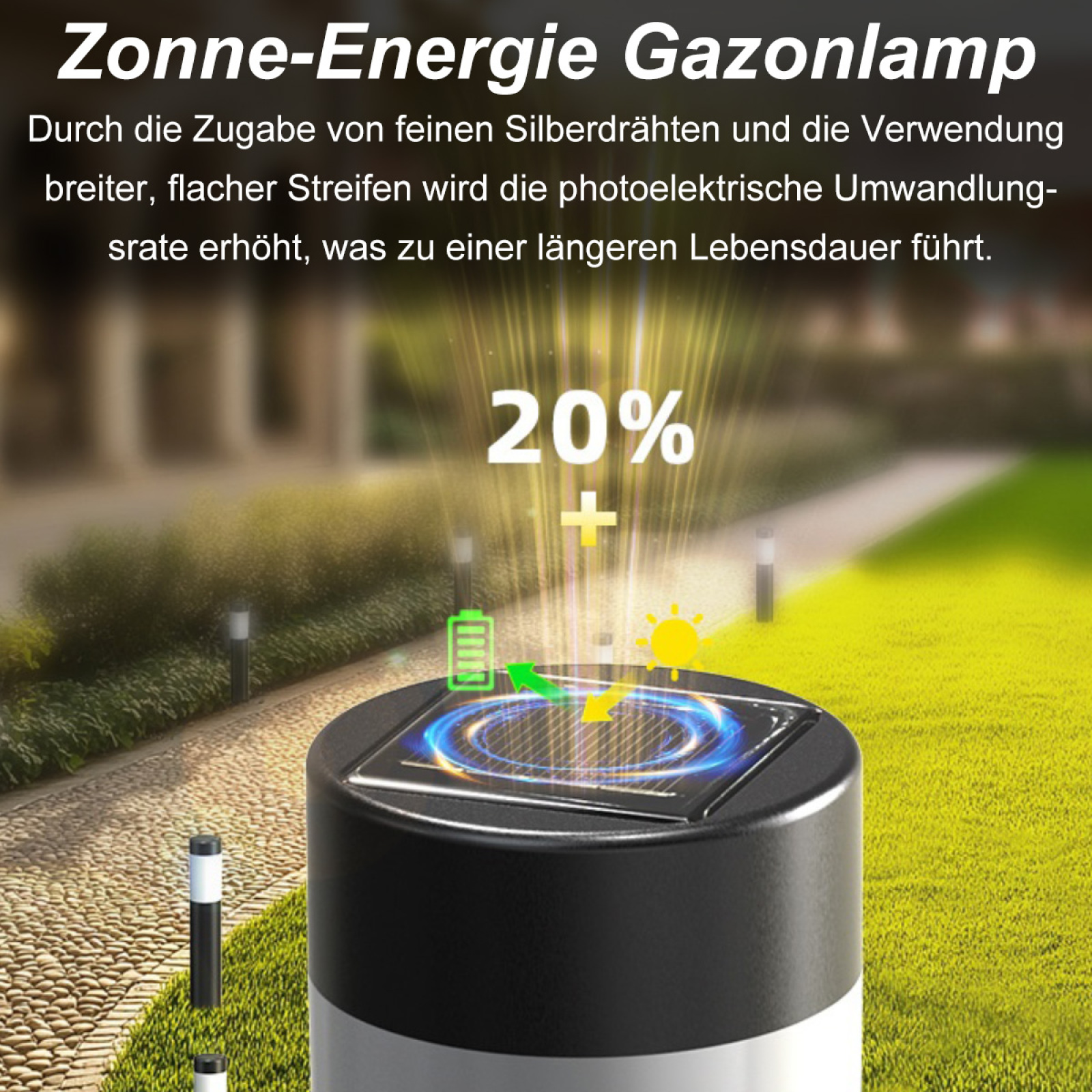 Solar-Gartenlampe mit 20 % Plus-Symbol, Batterie- und Sonnensymbolen. Weg und Gras im Hintergrund sichtbar.