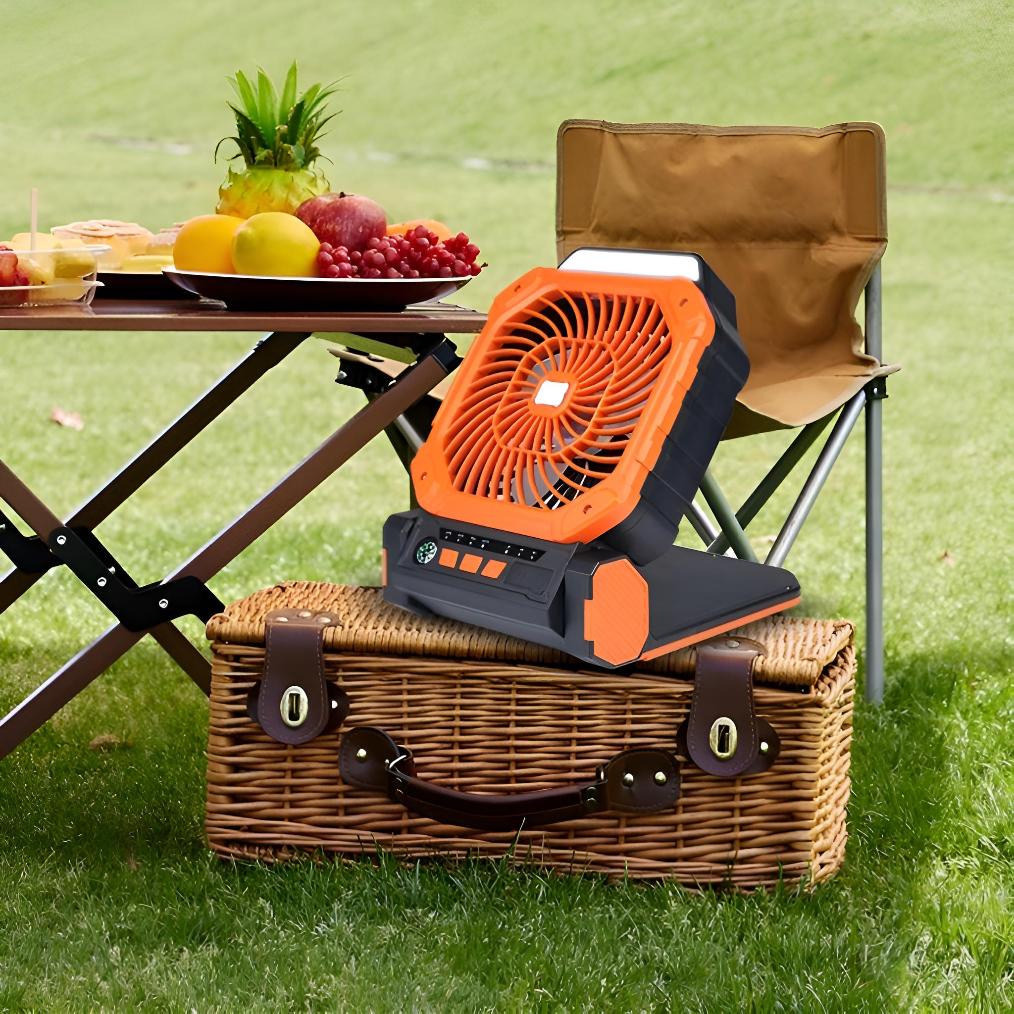 Ein orangefarbener und schwarzer Ventilator steht auf einem Weidenkorb. Ein Tisch mit Obst und ein Klappstuhl befinden sich im Hintergrund auf Gras.