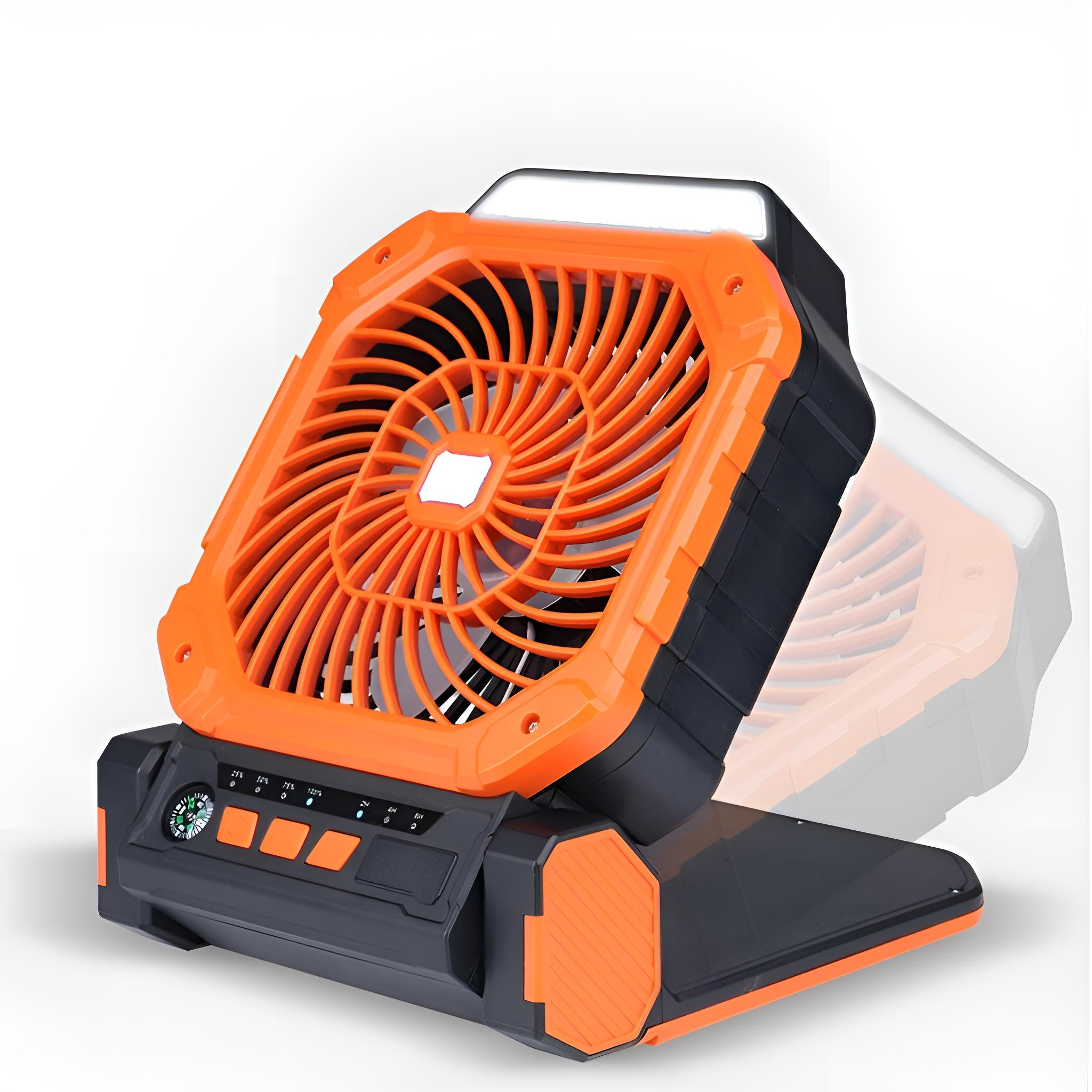 Tragbarer Ventilator in Orange und Schwarz mit Licht. Enthält Kompass und Knöpfe.