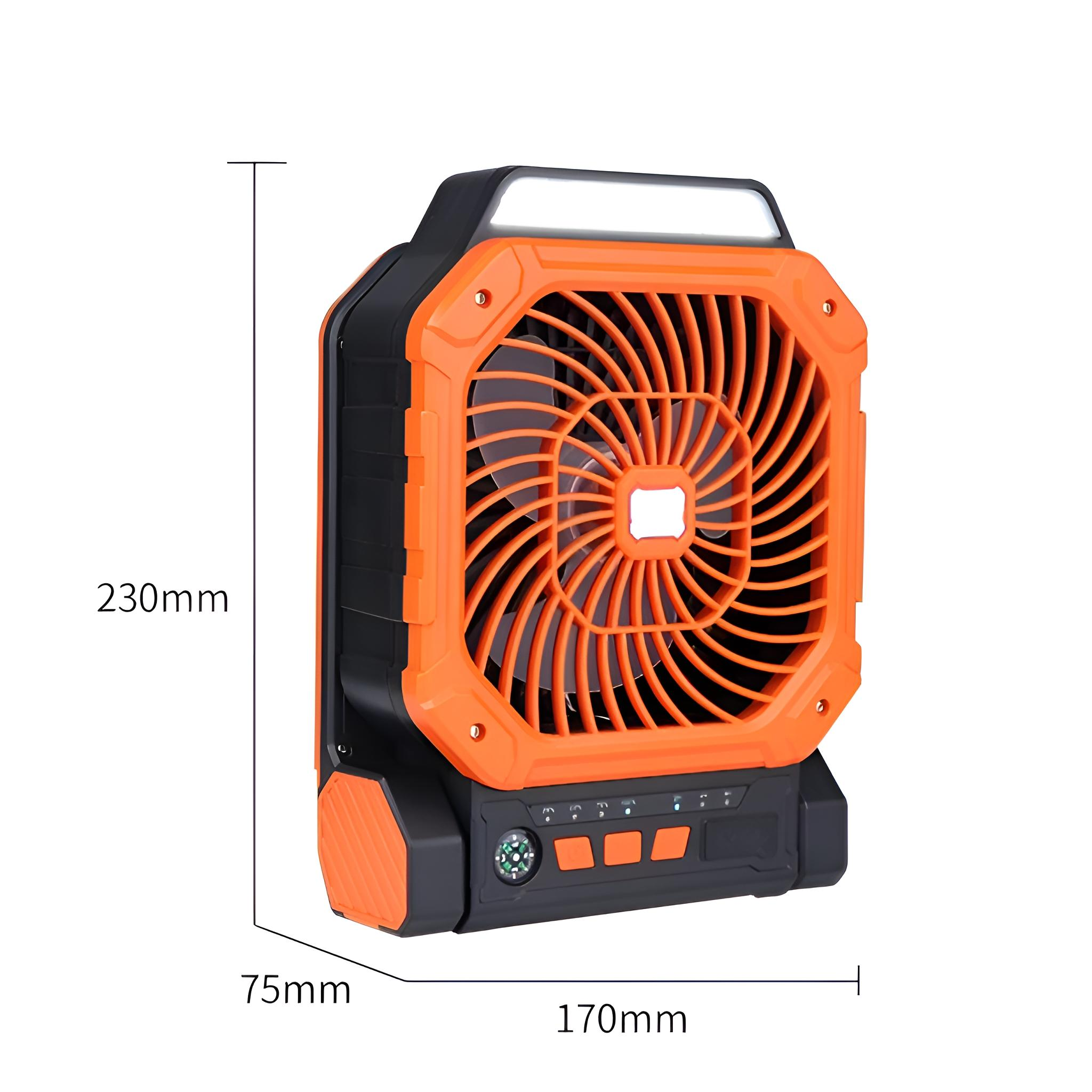 Ein tragbarer Ventilator in Orange und Schwarz mit beschrifteten Abmessungen. Es hat einen Ventilator, Licht, Knöpfe und einen Kompass.