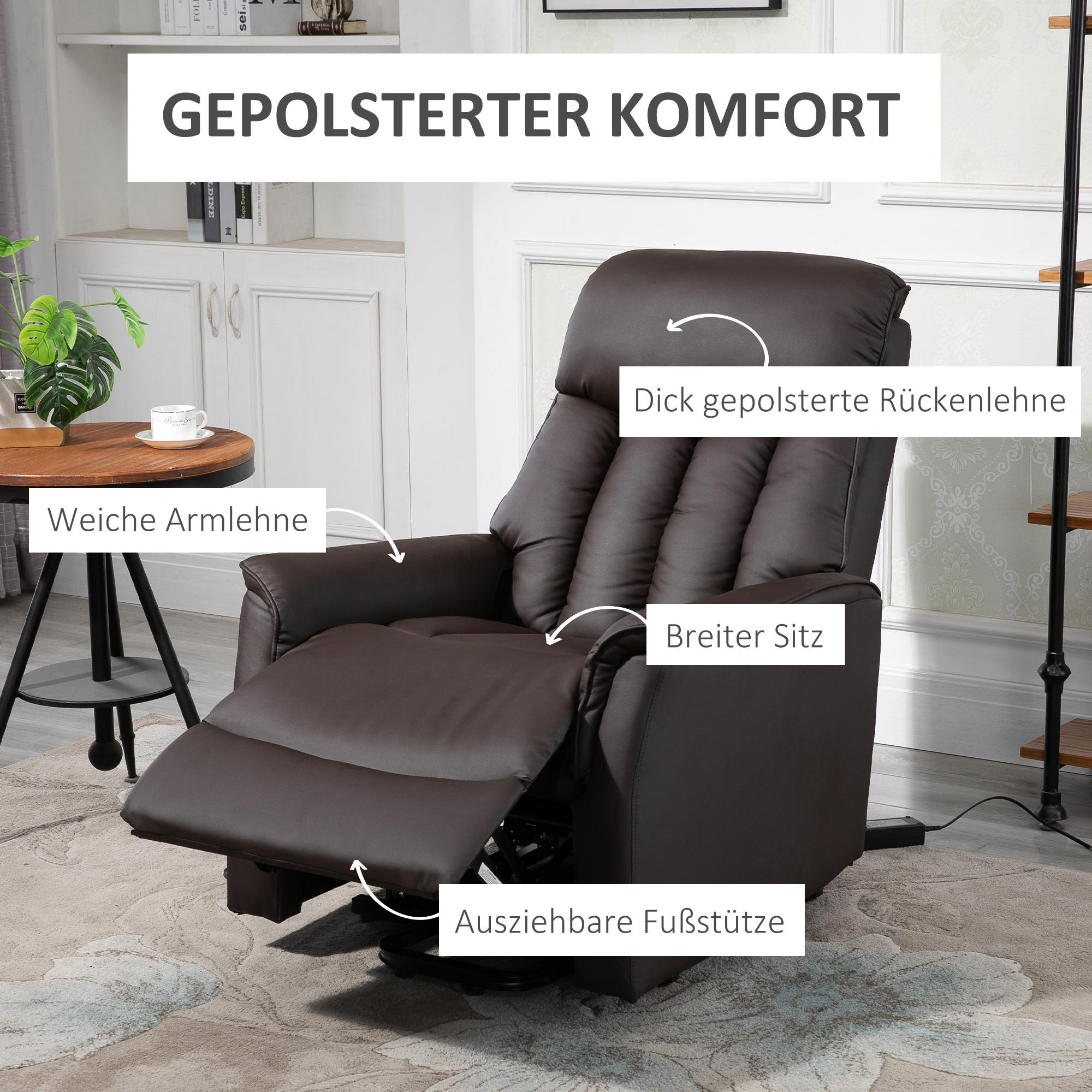 Brauner Relaxsessel mit weichen Armlehnen, dickem Rückenteil und breitem Sitz. Mit ausziehbarer Fußstütze auf einem gemusterten Teppich.