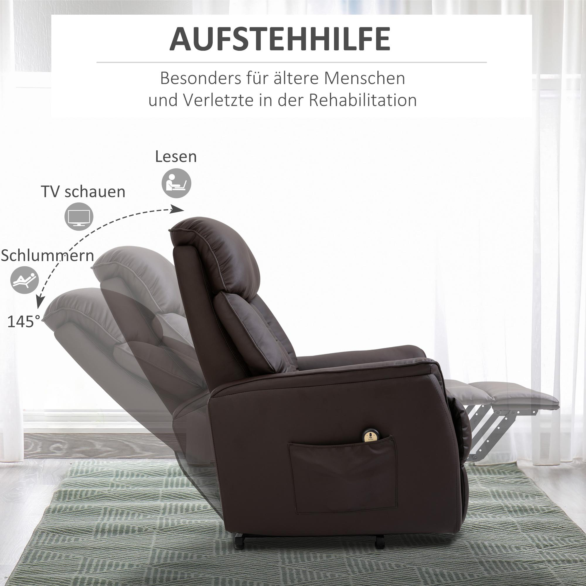 Brauner Relaxsessel. Text für Rehabilitation. Zeigt Positionen zum Lesen, Fernsehen und Liegen.
