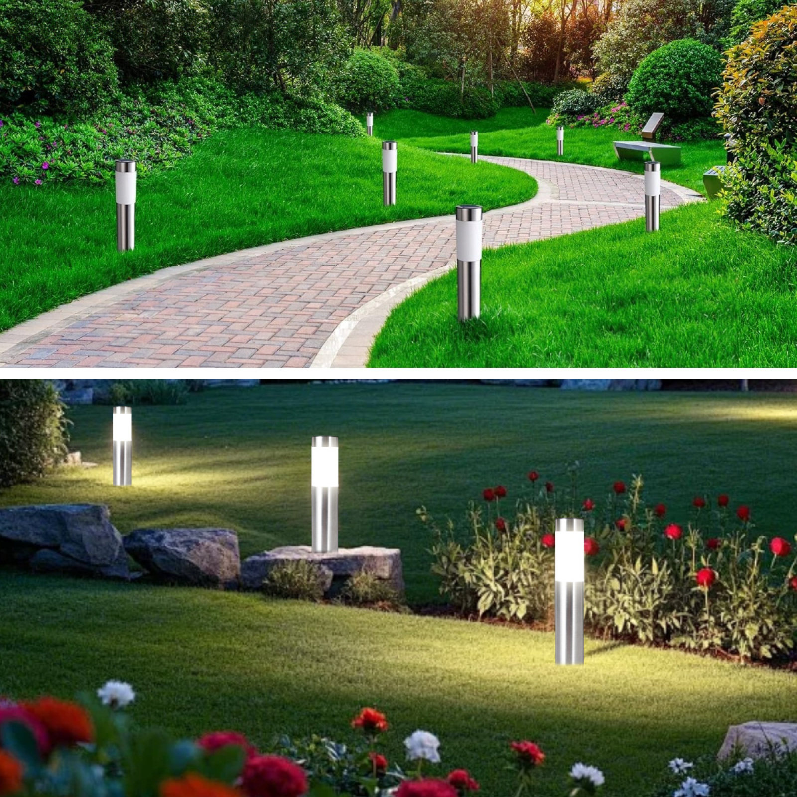 Ein Gartenweg mit Lichtern. Grünes Gras umgibt den Weg. Blumen und Bäume im Hintergrund. Lichter sind an.