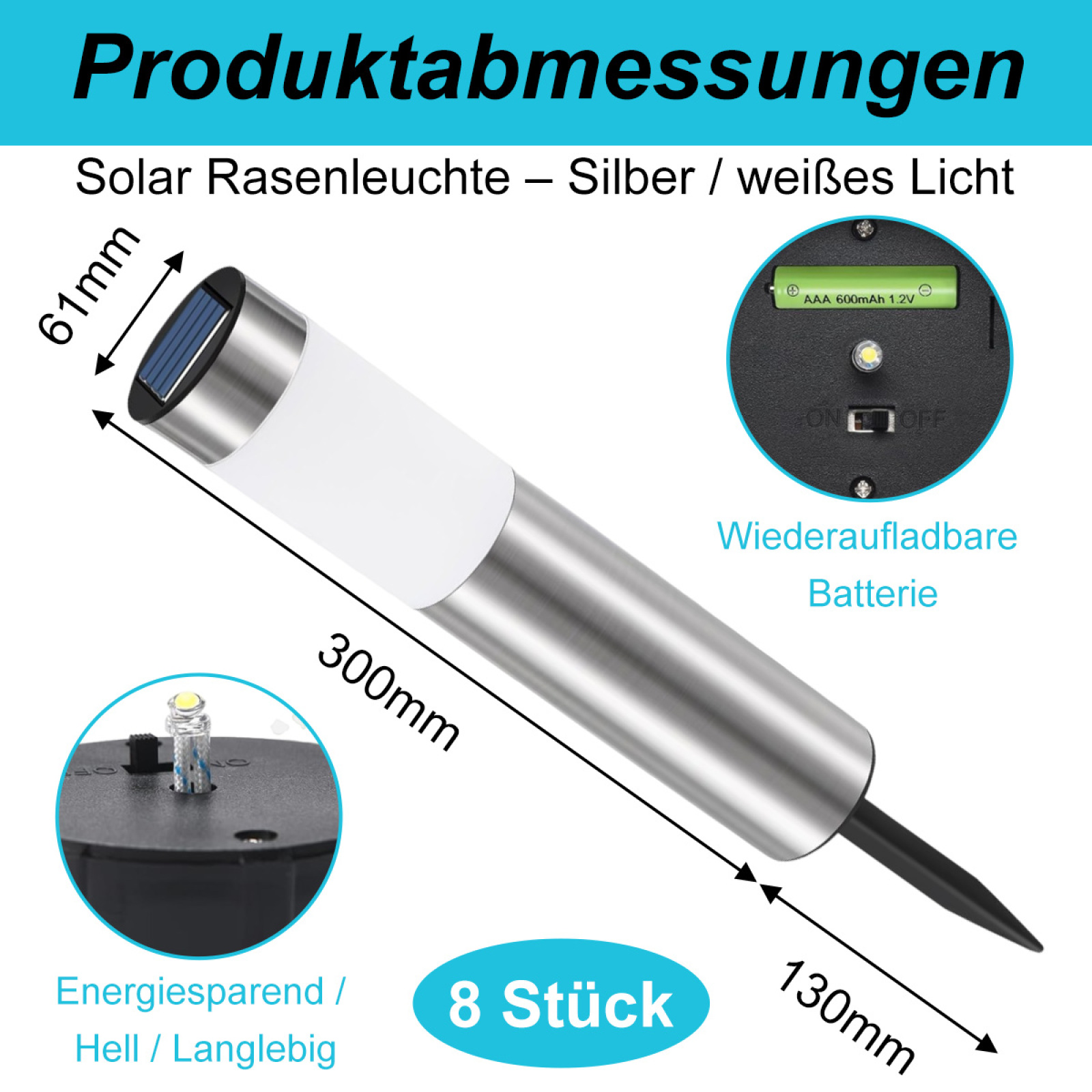 Solar-Rasenleuchte mit Maßen. Enthält Batterie, Ein/Aus-Schalter und Details zu Energiesparen und Langlebigkeit, mit Produktmaßen.