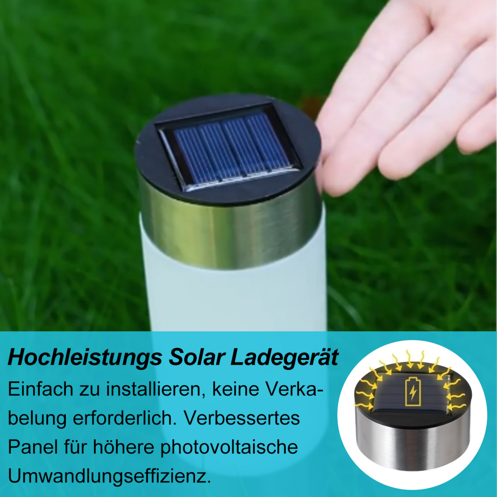 Solarleuchte mit Solarpanel, Hand berührt sie. Grünes Gras im Hintergrund. Text: Hochleistungs-Solarladegerät.
