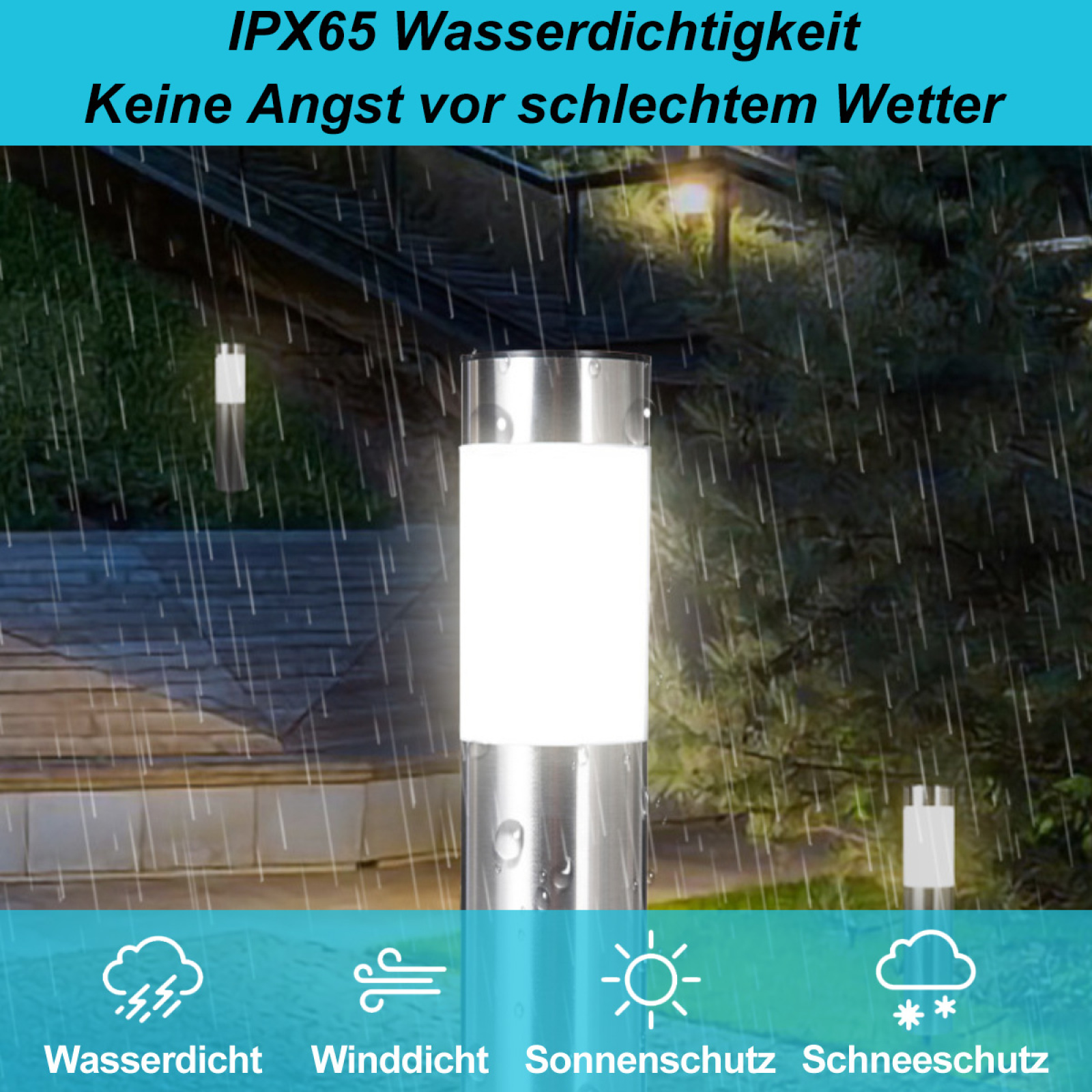 Eine metallische Außenlampe im Regen. Das Bild enthält Text über wasserdichten, winddichten, Sonnen- und Schneeschutz.