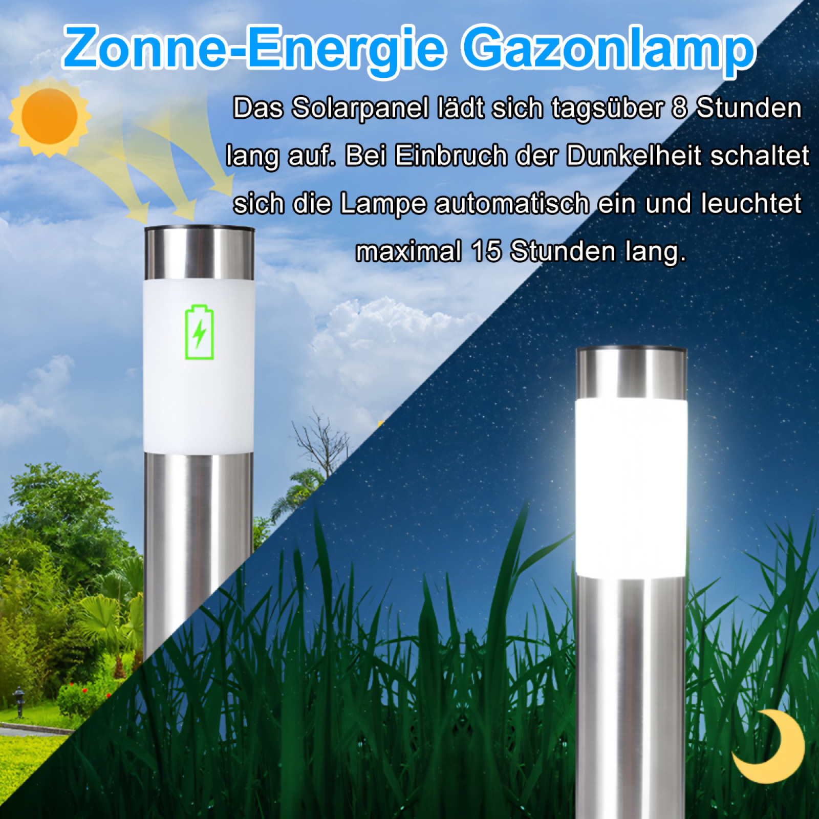 Solar-Gartenlampe mit Text. Zeigt Tag- und Nachtszenen. Sonniger Himmel, Aufladen und Sternennacht, leuchtend.