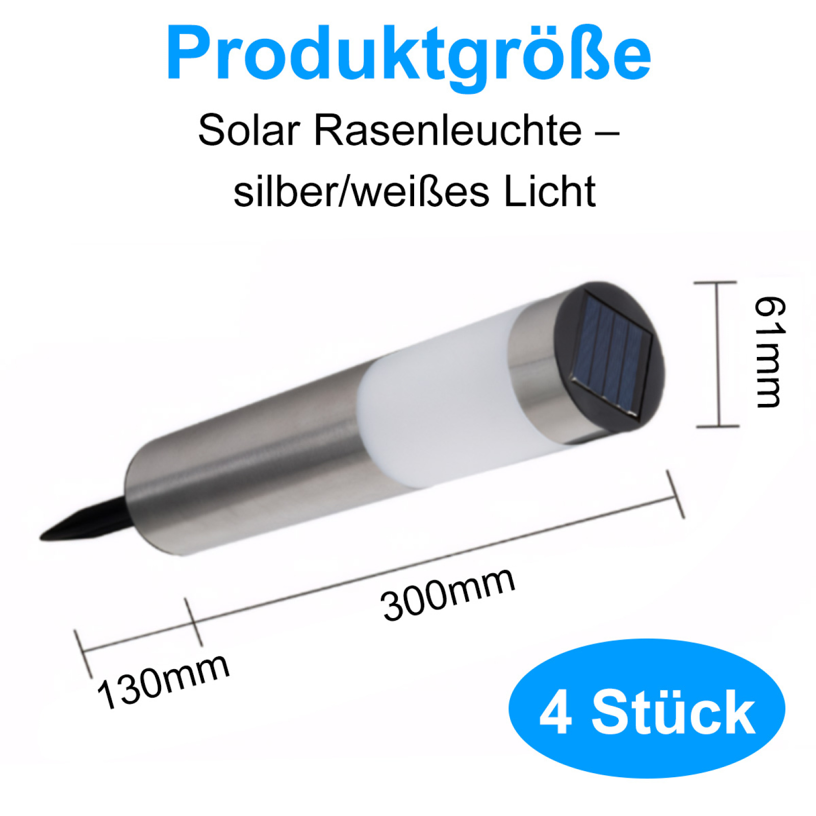 Gezeigt wird eine Solar-Rasenleuchte. Sie ist silberfarben mit weißem Oberteil und einem schwarzen Solarpanel. Text zeigt Größe und Menge.
