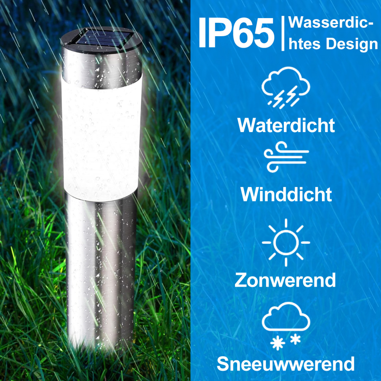 Eine silberne Solar-Gartenleuchte steht im Gras, Regen fällt. Sie hat einen weißen Lichtteil und ein wasserdichtes Design.