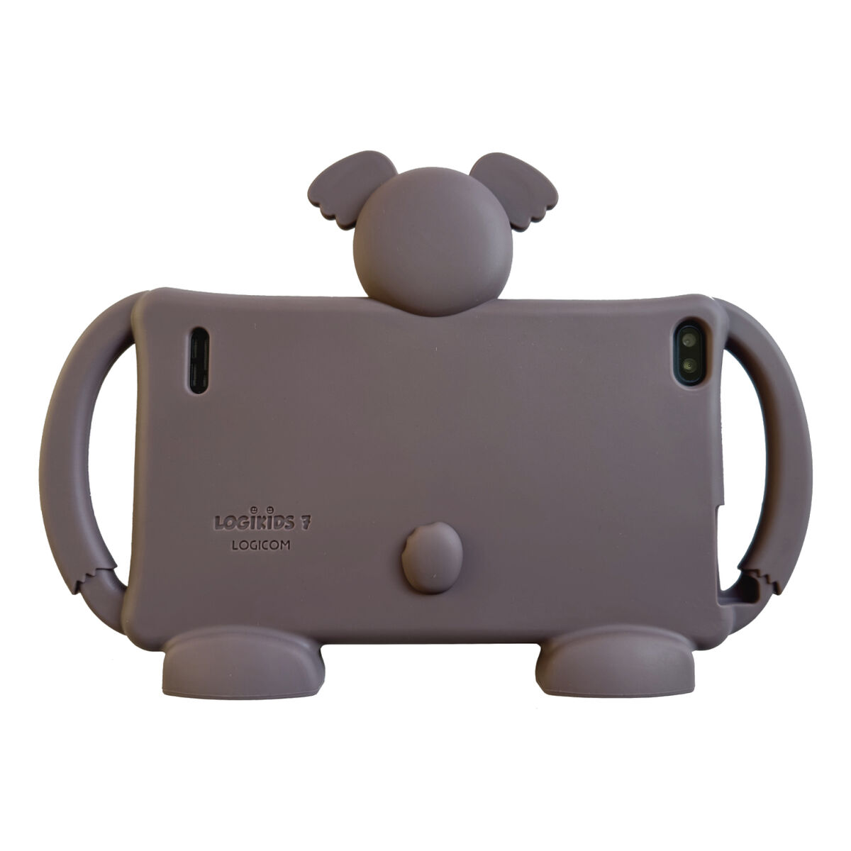 Eine graue Tablet-Hülle in Koala-Form. Sie hat Griffe, Ohren und Füße. Der Markenname LOGIKIDS 7 LOGICOM ist sichtbar.