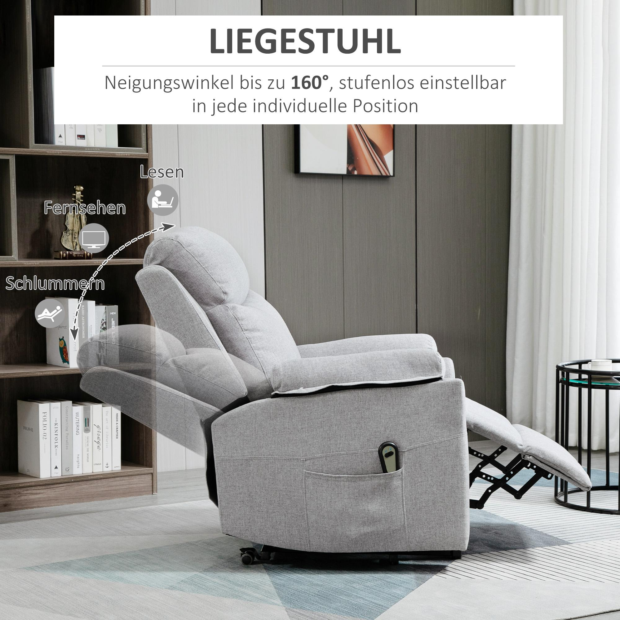 Ein grauer Relaxsessel mit verschiedenen Positionen. Er hat eine Tasche und Diagramme, die auf verschiedene Positionen verweisen.