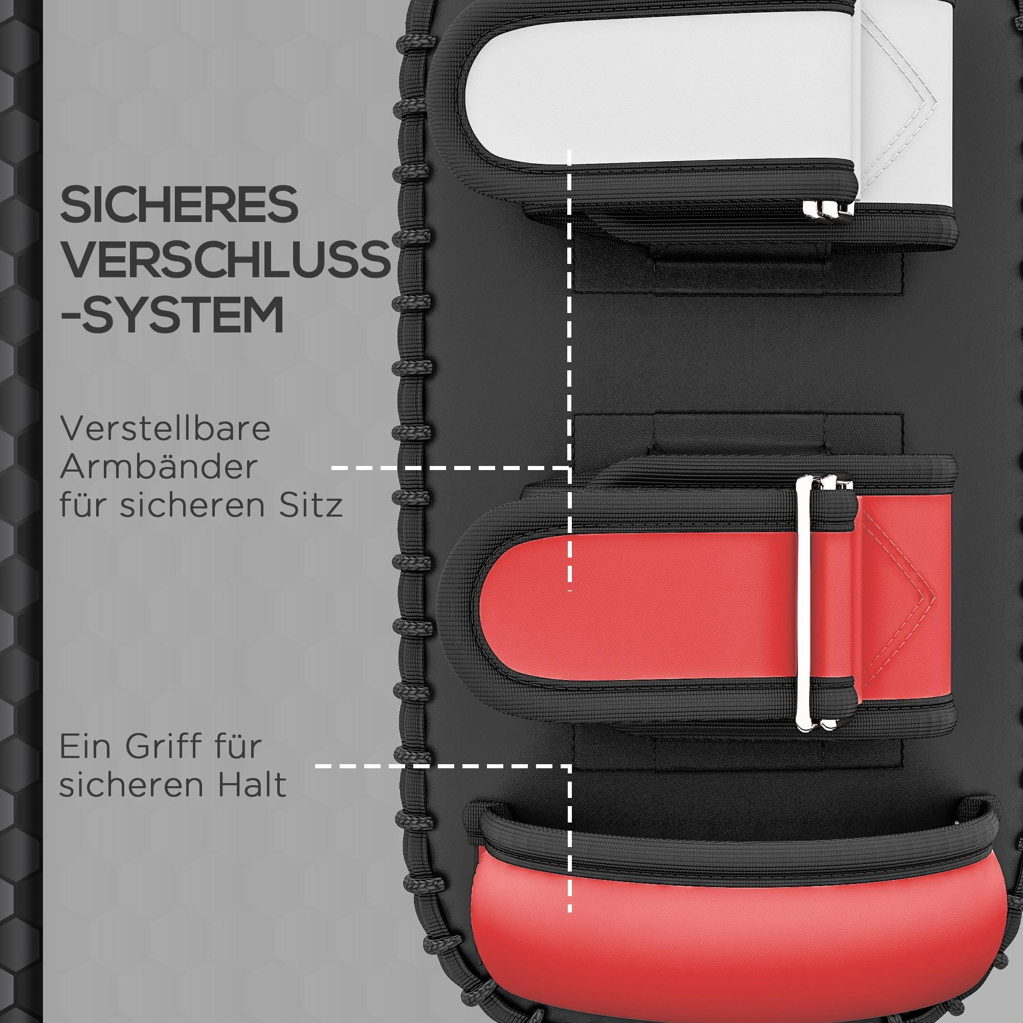 Schwarzes und rotes Trainingspad mit weißen Riemen. Text auf Deutsch: sicheres Verschlusssystem, verstellbare Riemen und Griff.