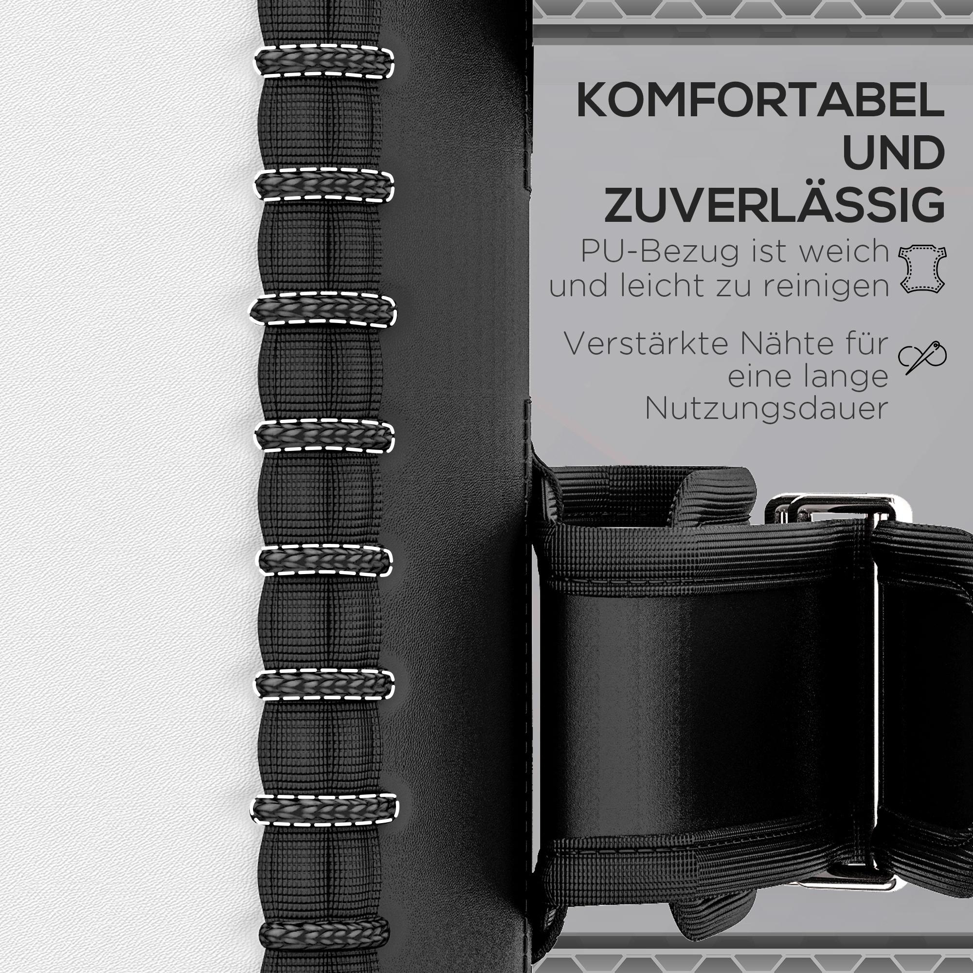 Schwarzer Gurt mit weißen Nähten auf weißer Oberfläche, neben einem schwarzen, strukturierten Material. Text: komfortabel und zuverlässig.