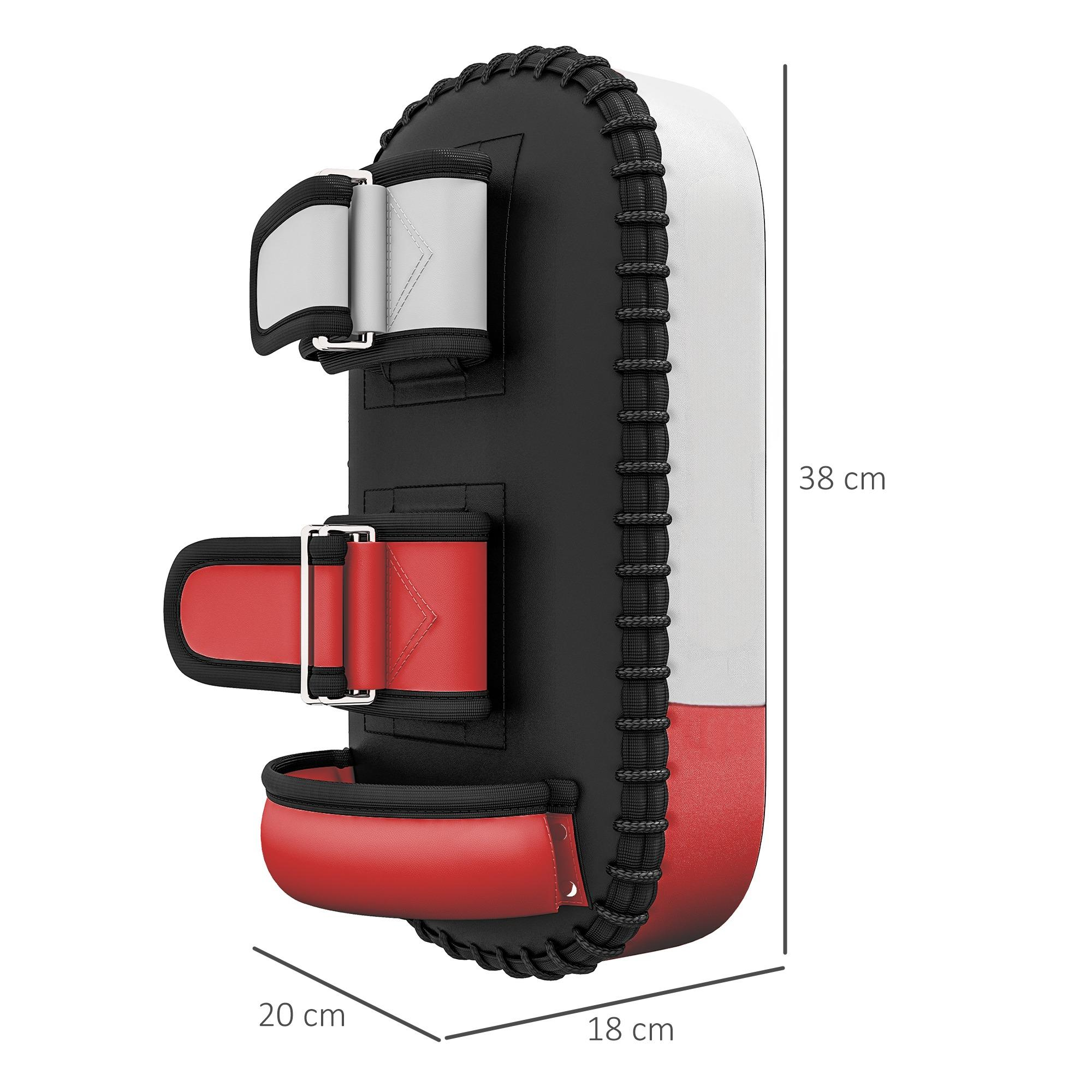Ein schwarz-rotes Kickbox-Pad mit weißen und roten Abschnitten. Es hat Riemen und ist mit Abmessungen versehen.