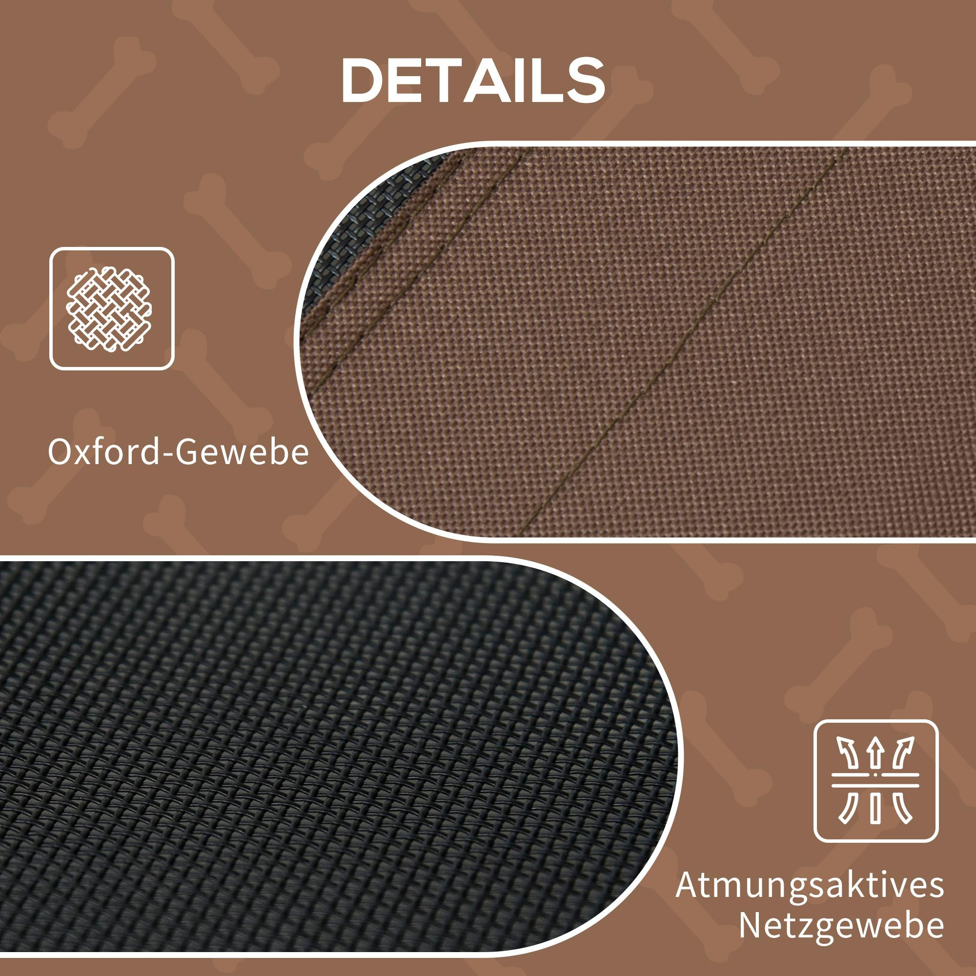 Das Bild zeigt Stoffdetails: Oxford-Gewebe und atmungsaktives Mesh. Brauner Hintergrund mit weißem Text und Knochen-Symbolen.