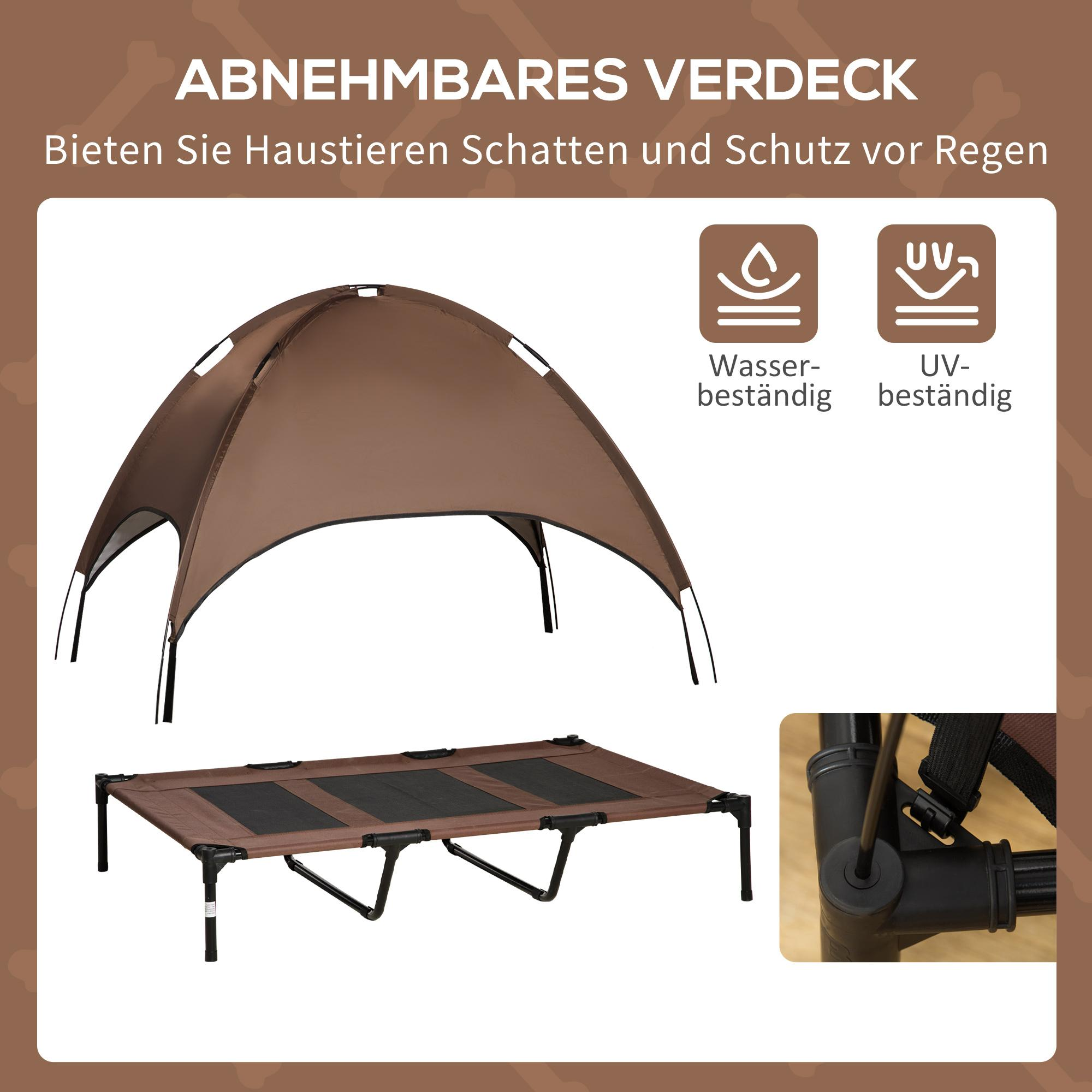 Ein braunes Haustierbett mit passendem Baldachin. Der Baldachin ist braun und wasserdicht. Symbole zeigen UV- und Wasserbeständigkeit an.