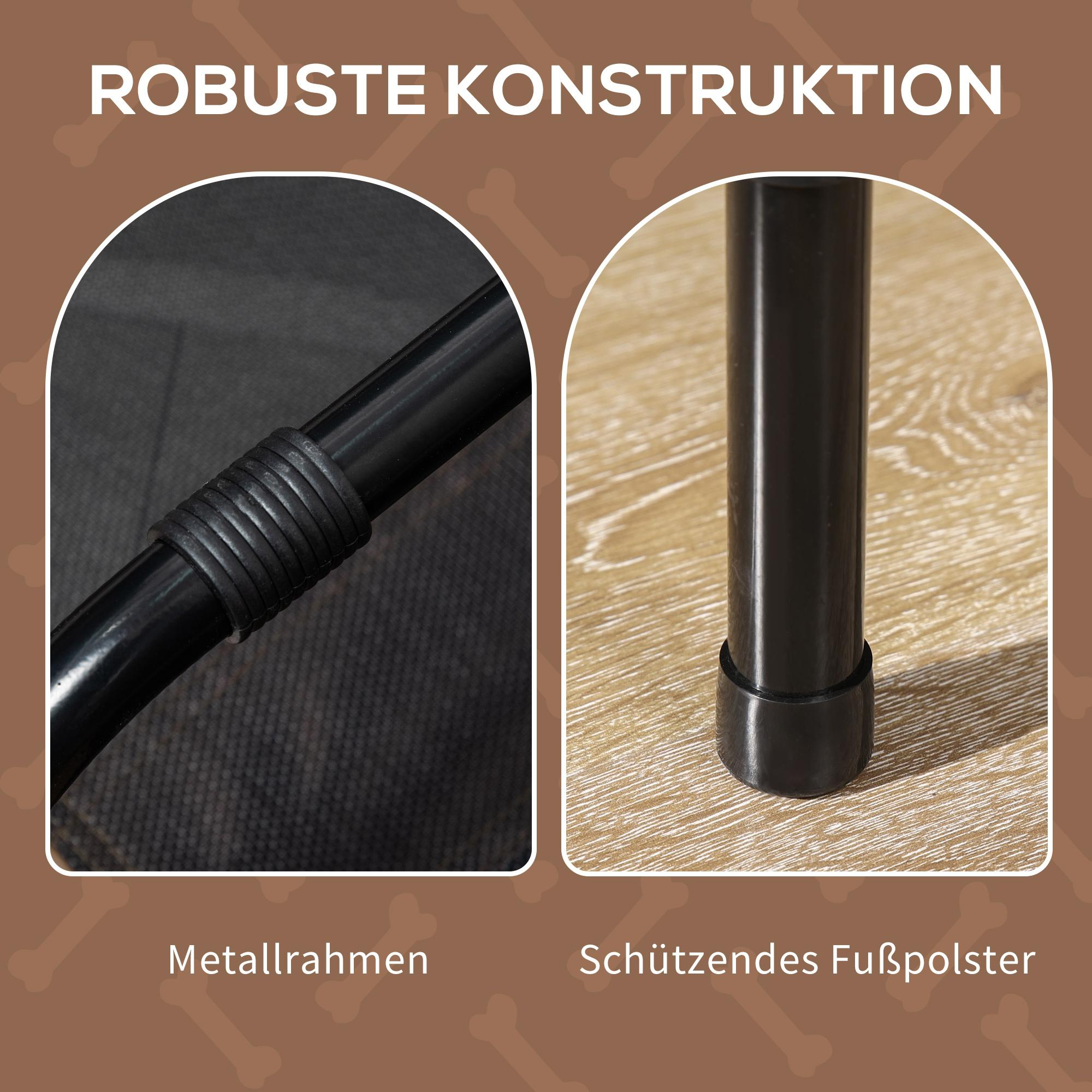Das Bild zeigt Nahaufnahmen eines Metallrahmens und eines Beins mit Schutzfuß, die eine robuste Konstruktion zeigen.