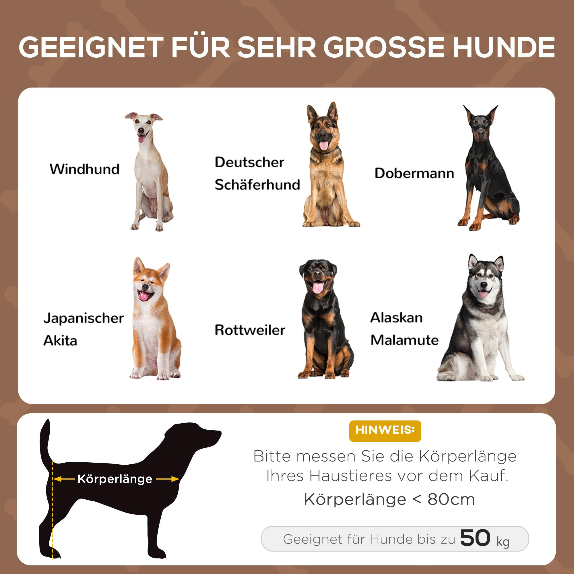 Bild zeigt verschiedene Hunderassen mit Namen. Eine Hunde-Silhouette veranschaulicht die Körperlängenmessung. Text: Messen Sie die Körperlänge <lt/> 80cm.