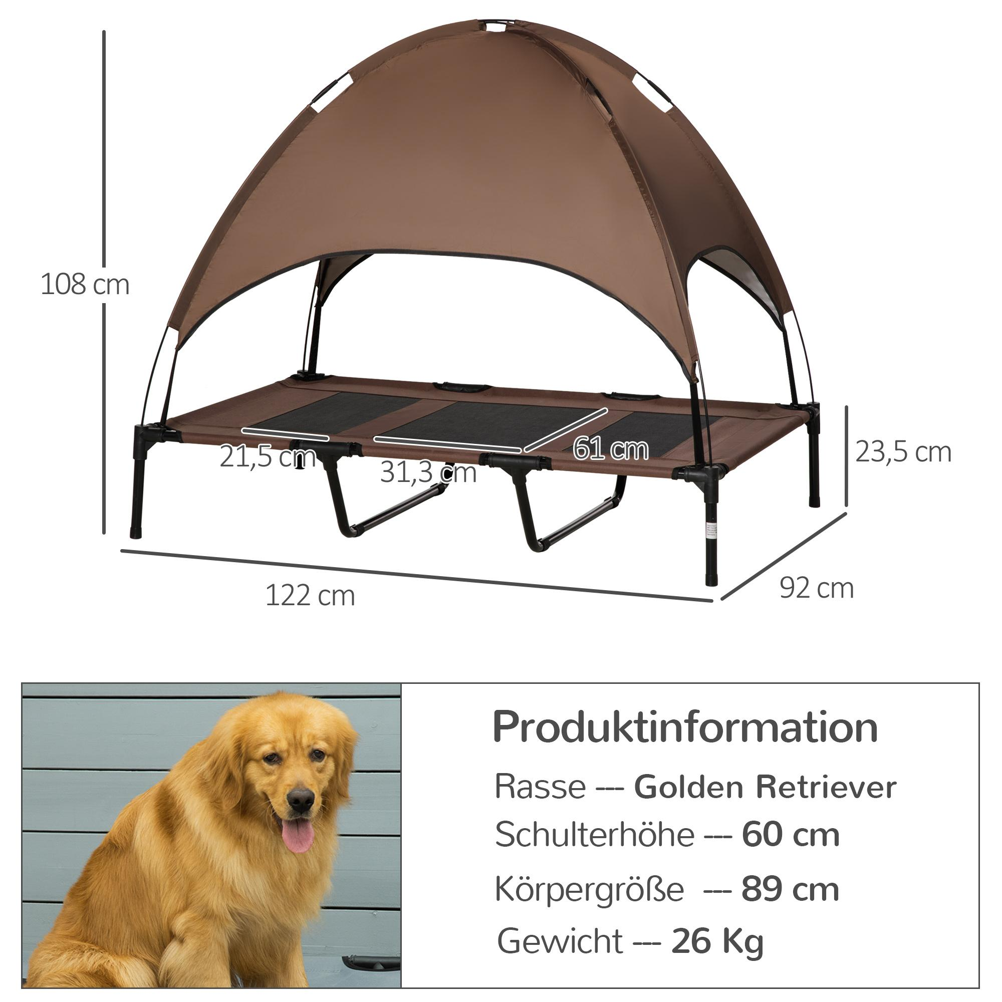 Hundebett mit Baldachin, Abmessungen. Golden Retriever und Produktinformationen sind ebenfalls vorhanden.