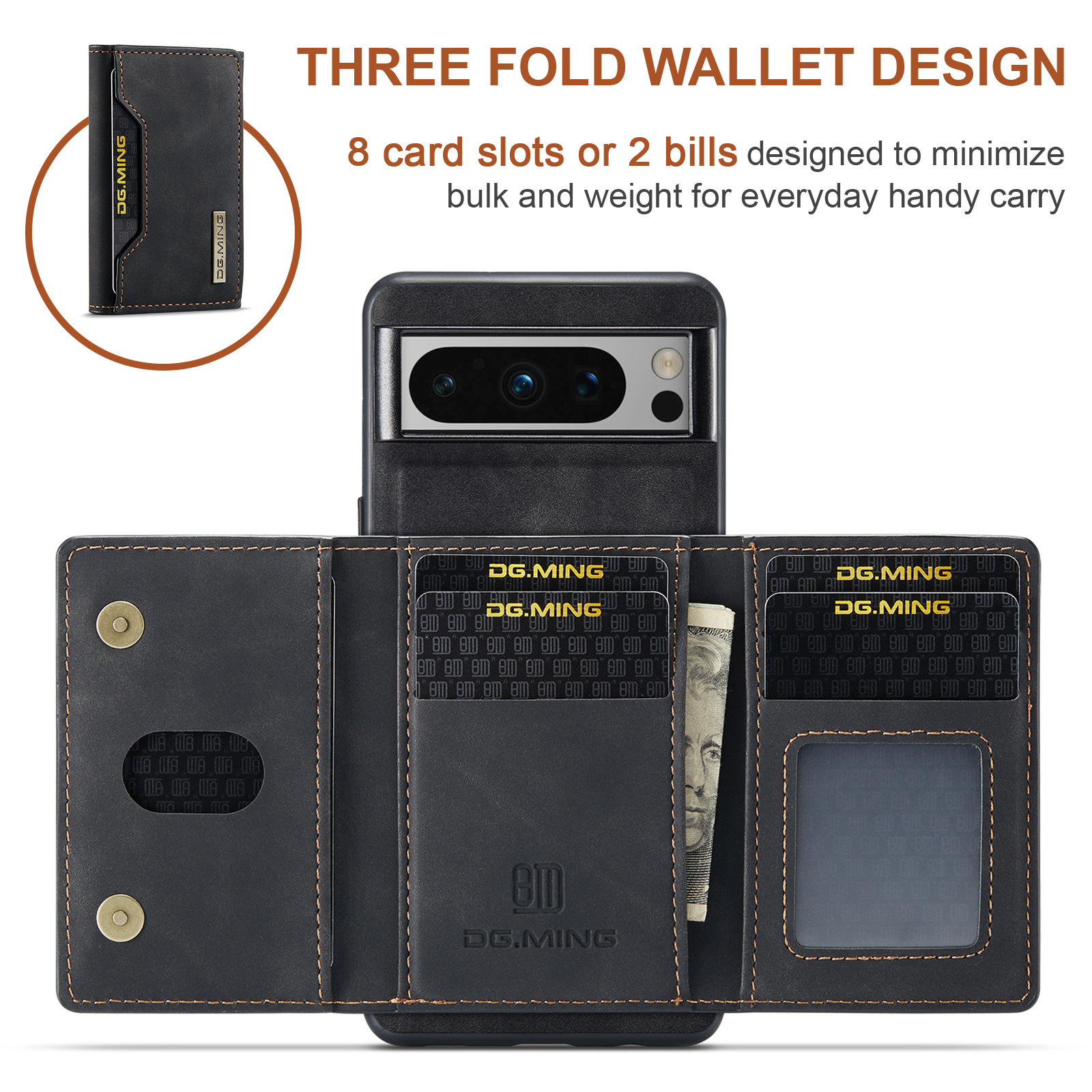 Portafoglio nero, aperto per mostrare fessure per carte e una banconota. È progettato per ridurre al minimo ingombro e peso.