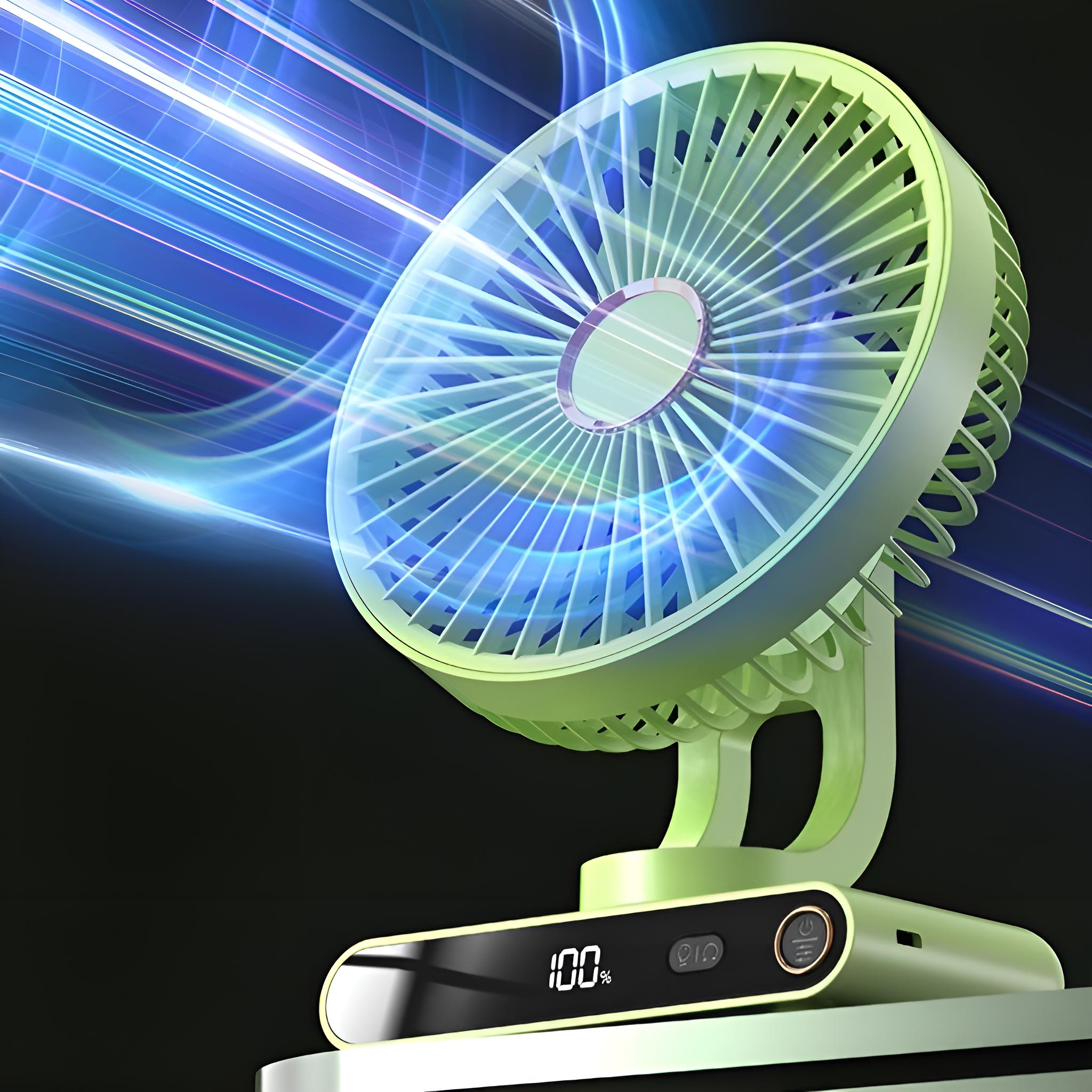 Ein grüner tragbarer Ventilator mit Digitalanzeige, die 100 % anzeigt. Blaue und weiße Lichtstreifen im Hintergrund auf schwarzem Hintergrund.