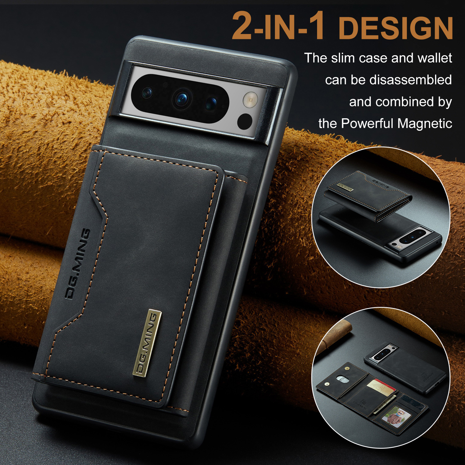 Custodia per telefono nera e combinazione portafoglio. La custodia mostra un telefono con fotocamera. Il portafoglio ha slot.