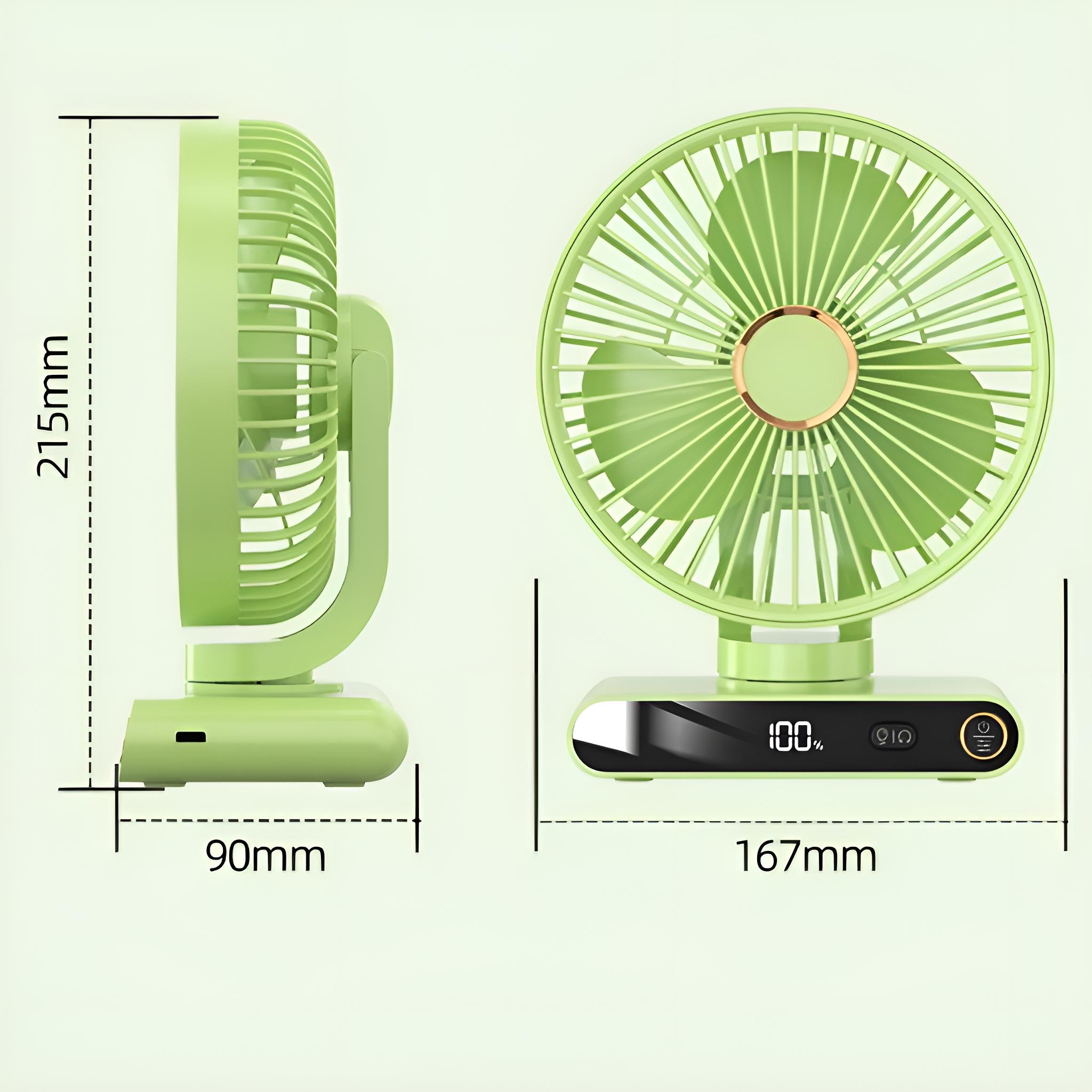 Ein grüner Schreibtischventilator wird aus zwei Blickwinkeln mit Abmessungen gezeigt. Der Ventilator hat eine Digitalanzeige.